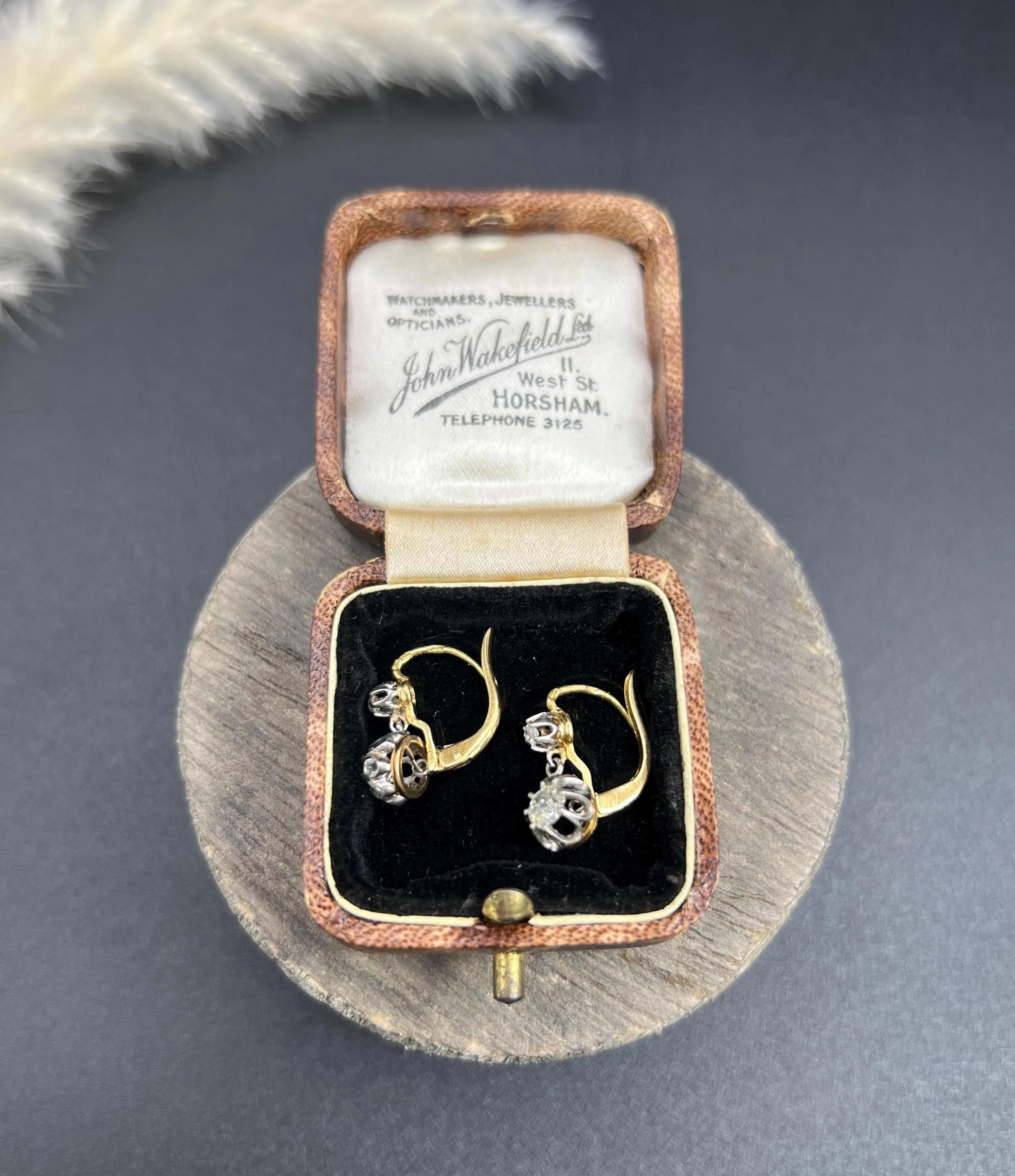 Taille brillant Boucles d'oreilles pendantes en or 18ct et platine, dormeuse, diamants, Antique French, Edwardian en vente