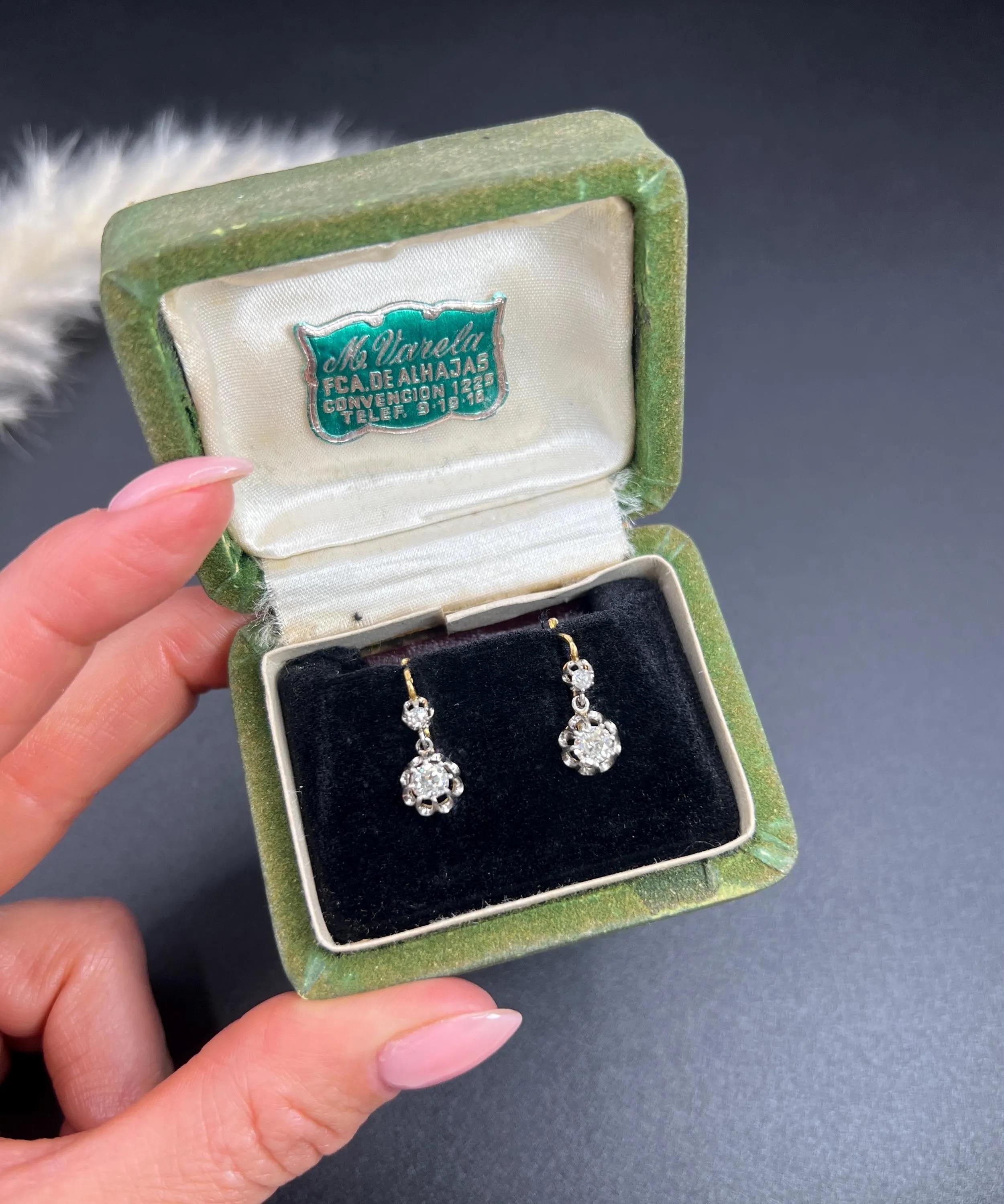 Boucles d'oreilles pendantes en or 18ct et platine, dormeuse, diamants, Antique French, Edwardian en vente 4