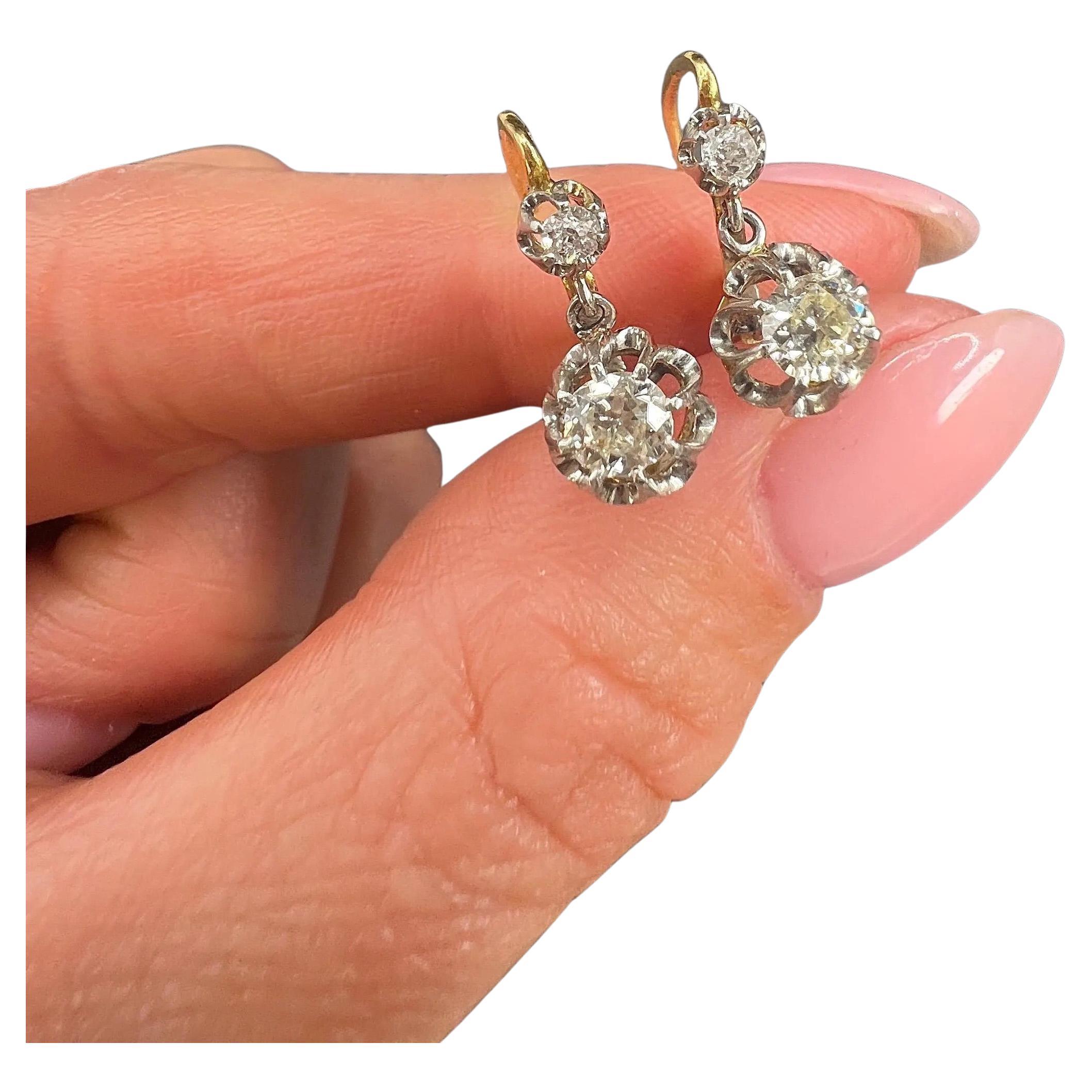 Antique 18ct Gold & Platinum French, Edwardian Diamond Dormeuse Drop Earrings