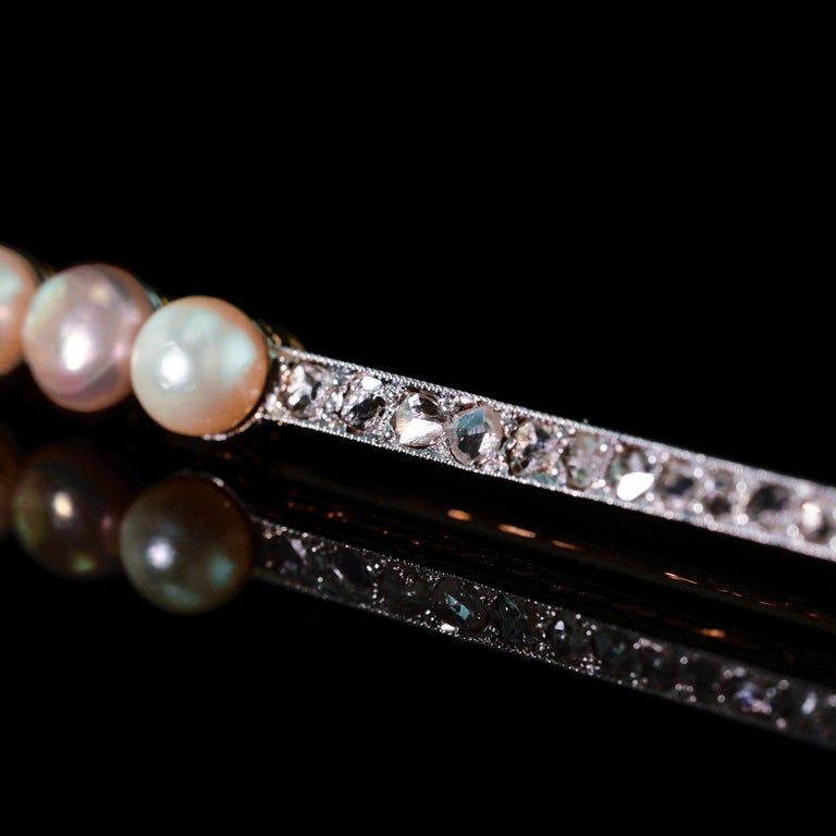 Broche Barrette Empire En Or 18k Et Platine - Diamants Et Demi-Perles - Occasion
