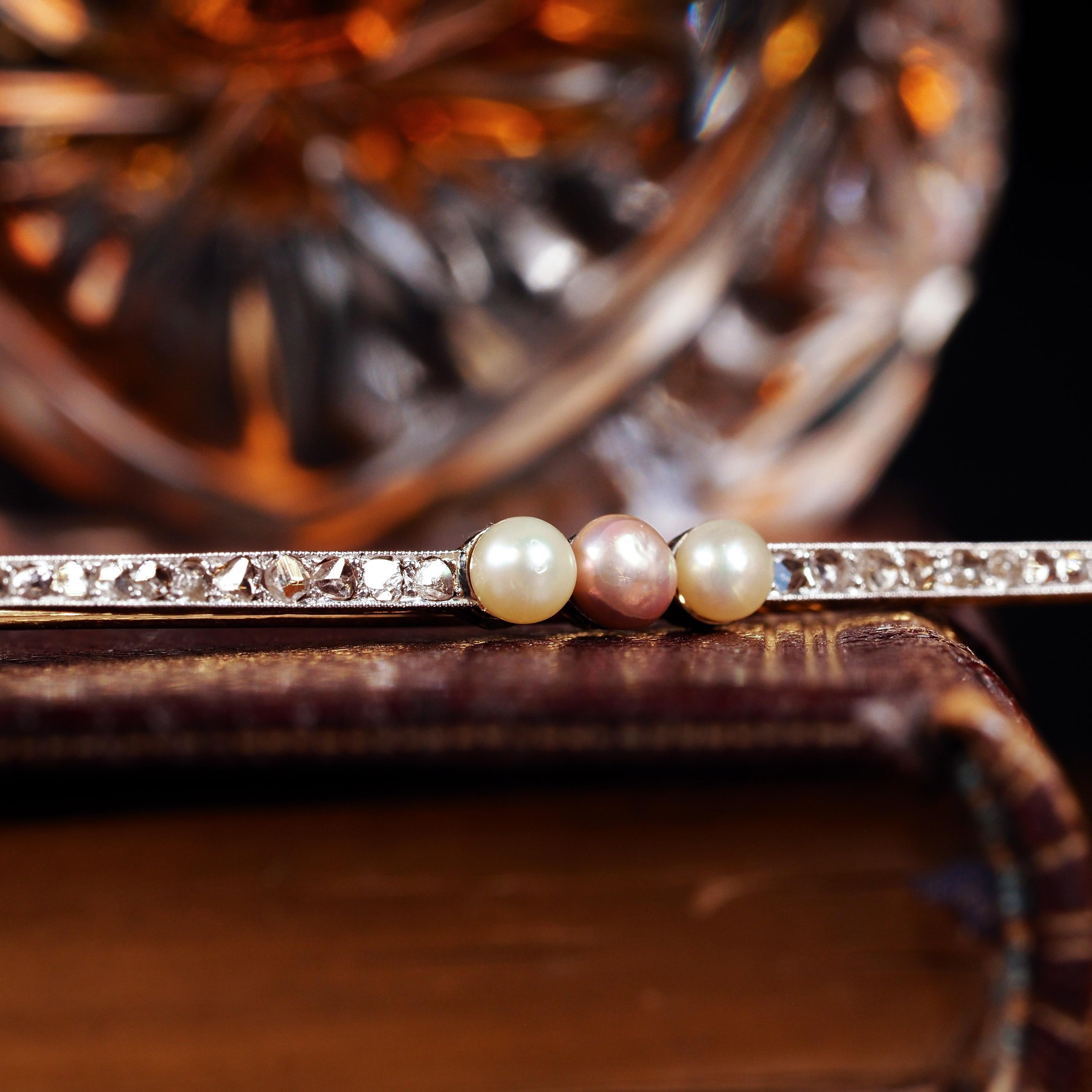 Rose Cut Antique 18ct Gold & Platinum Pink Pearl & Diamond Brooch - c.1920 For Sale