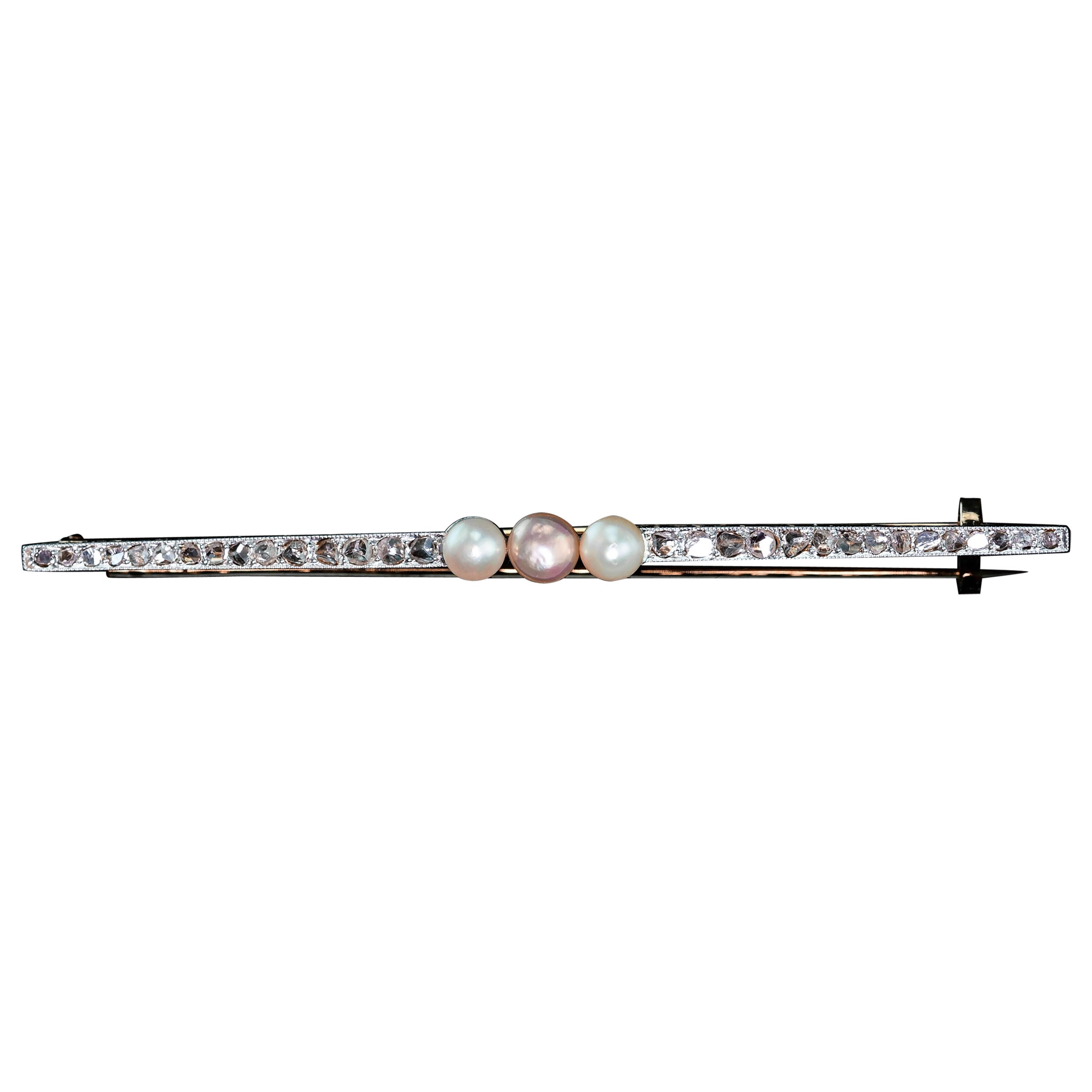 Antike Brosche aus 18 Karat Gold und Platin mit rosa Perlen und Diamanten - ca. 1920