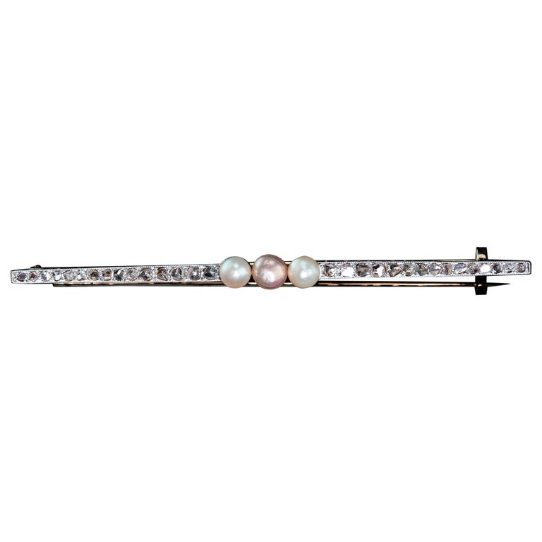 Broche Barrette Empire En Or 18k Et Platine - Diamants Et Perle Fine - Occasion