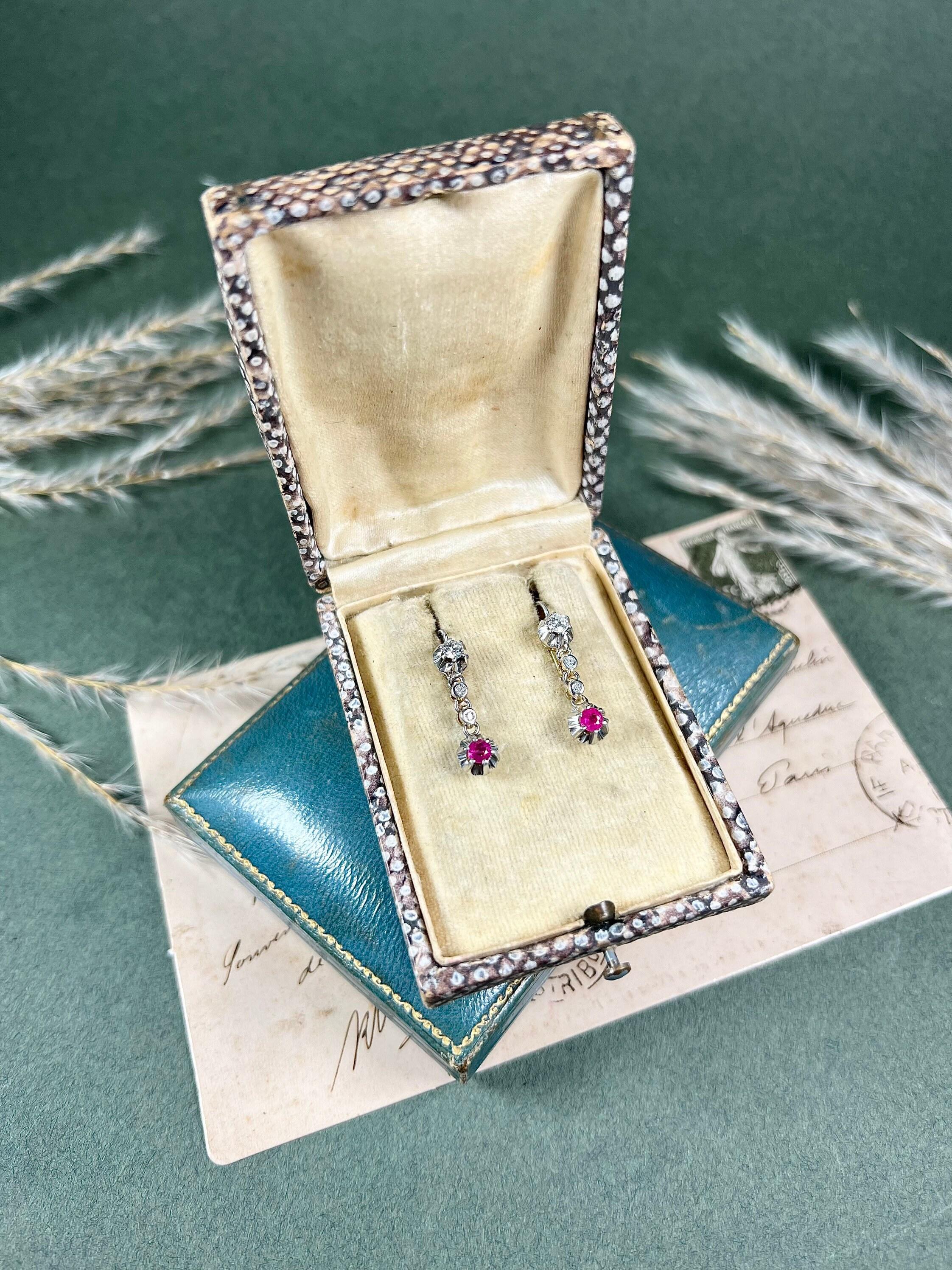 Antique 18ct Gold & Platinum Ruby Diamond Dormeuse Earrings In Good Condition For Sale In Brighton, GB