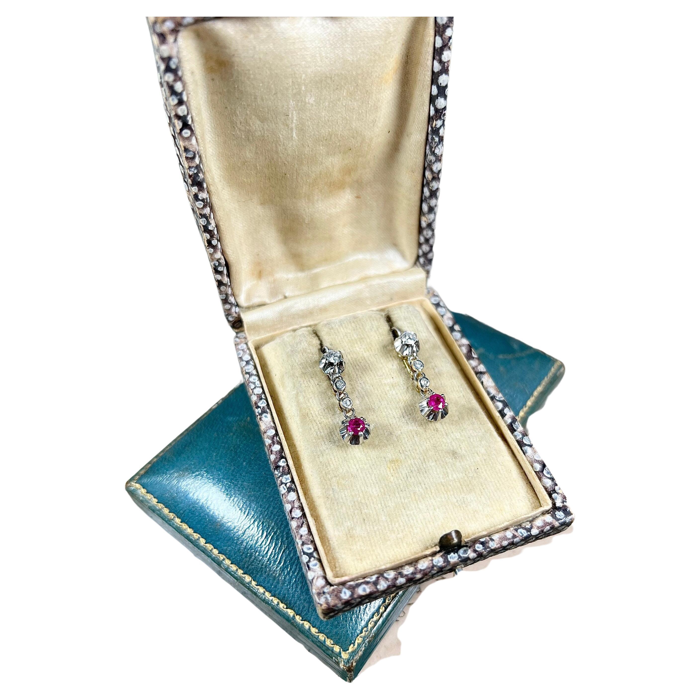 Antique 18ct Gold & Platinum Ruby Diamond Dormeuse Earrings For Sale