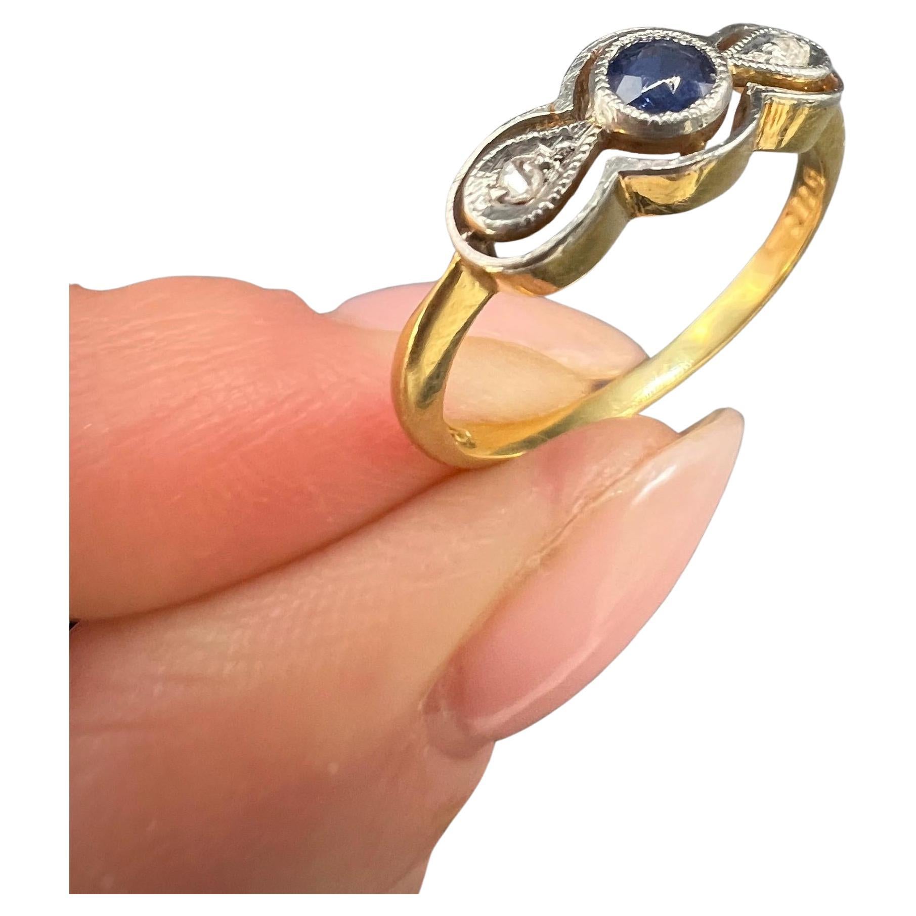 Antique 18ct Gold & Platinum, Sapphire and Diamond Three Stone Bow Shape Ring