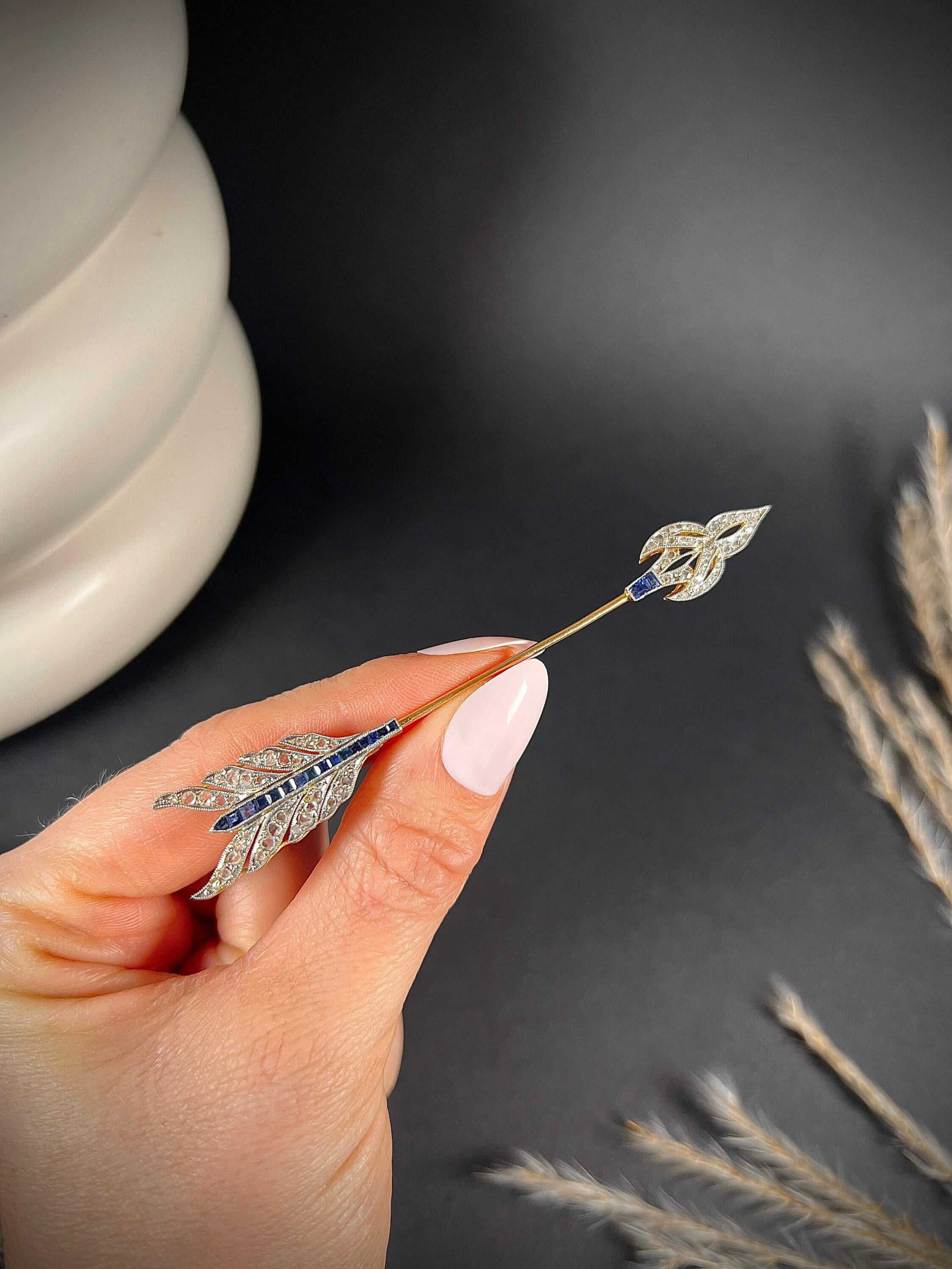 Antique 18ct Gold & Platinum Sapphire Diamond Arrow Jabot Pin Brooch 2