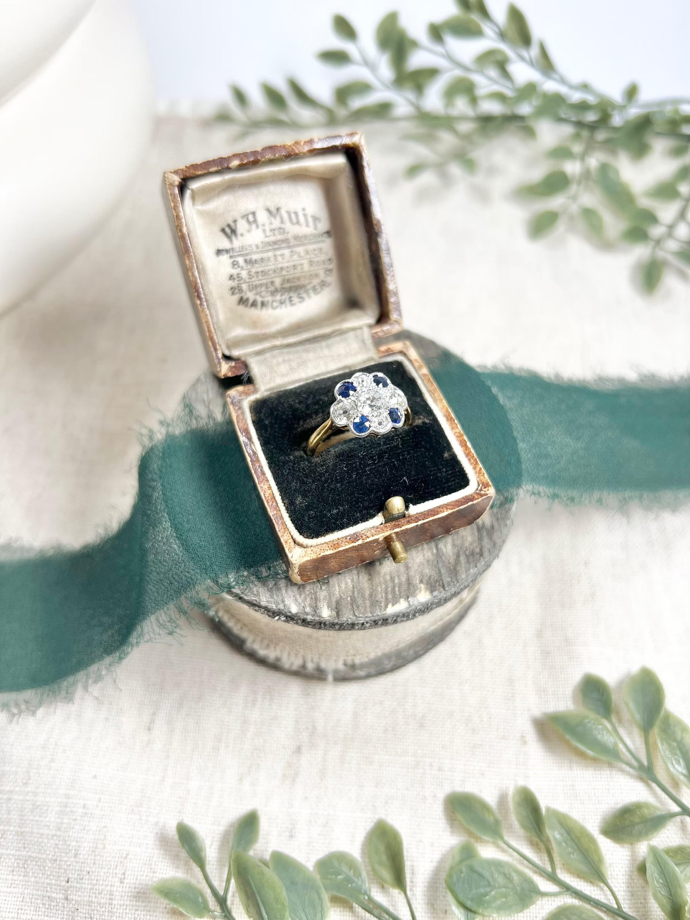 Antiker 18 Karat Gold & Platin Saphir Diamant Gänseblümchen-Cluster-Ring im Angebot 3