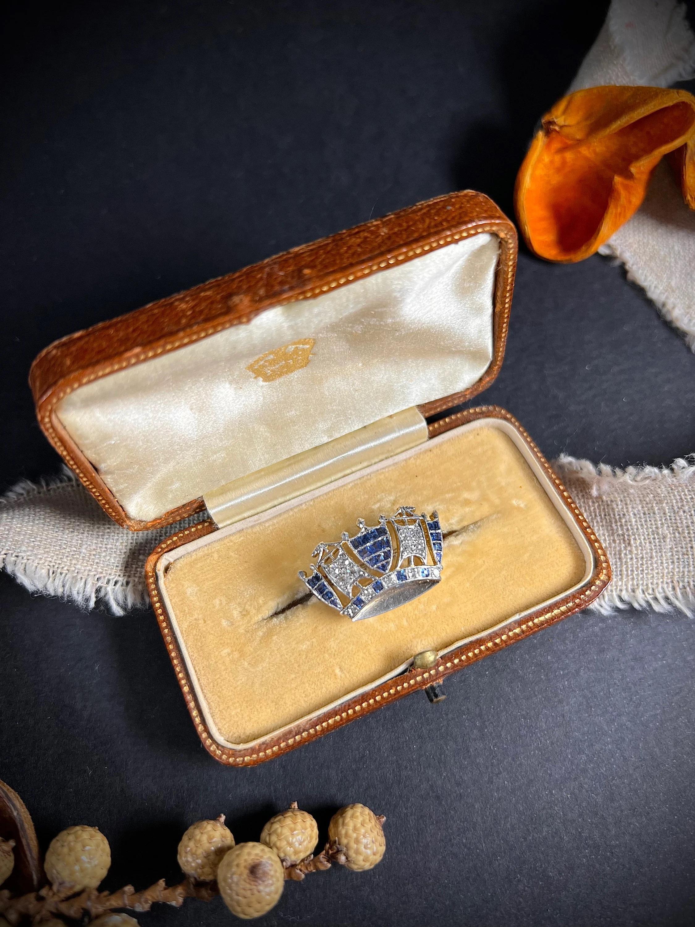 Antique 18ct Gold & Platinum Sapphire Diamond Royal Navy Crown Brooch 6