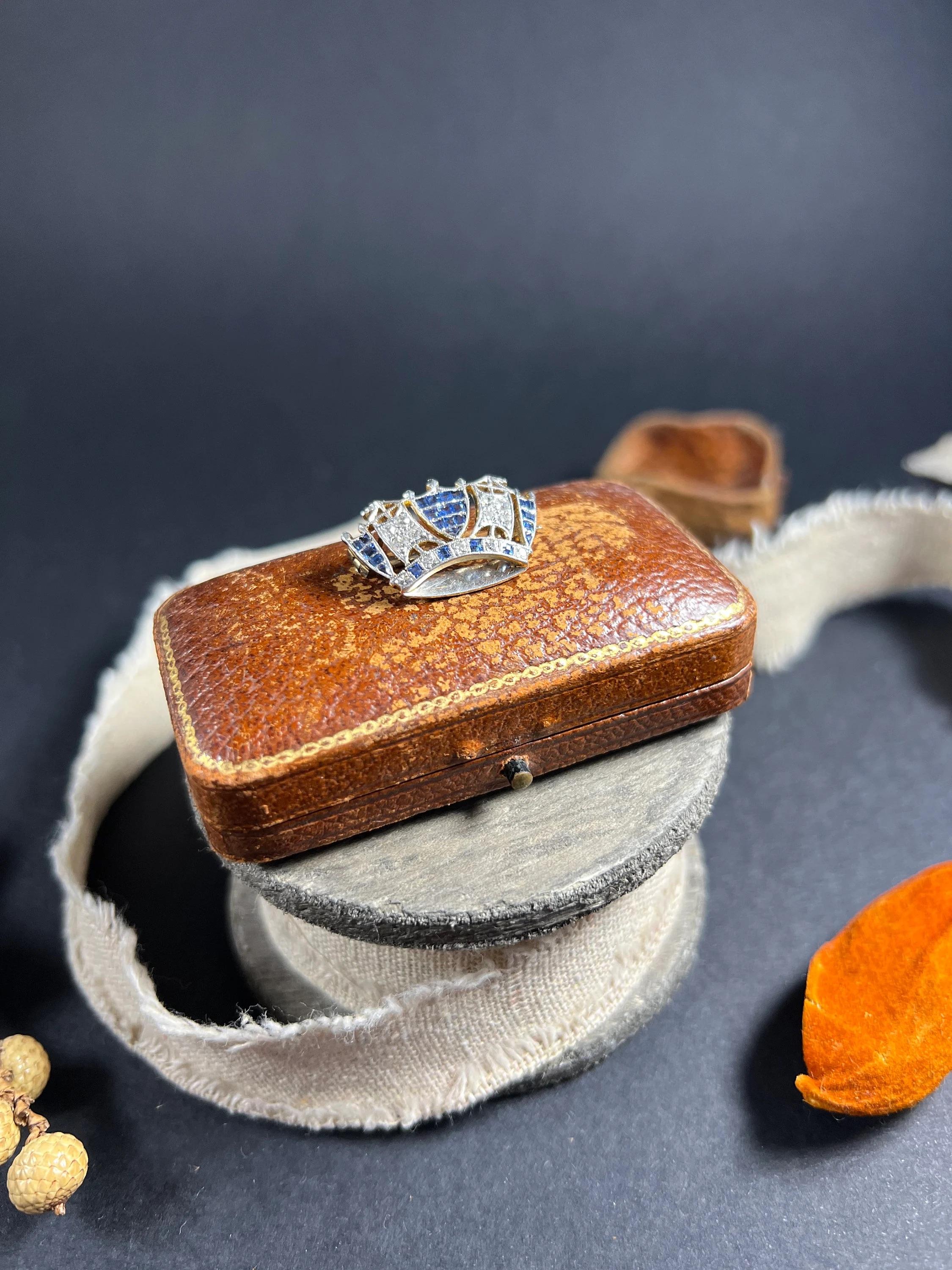 Mixed Cut Antique 18ct Gold & Platinum Sapphire Diamond Royal Navy Crown Brooch