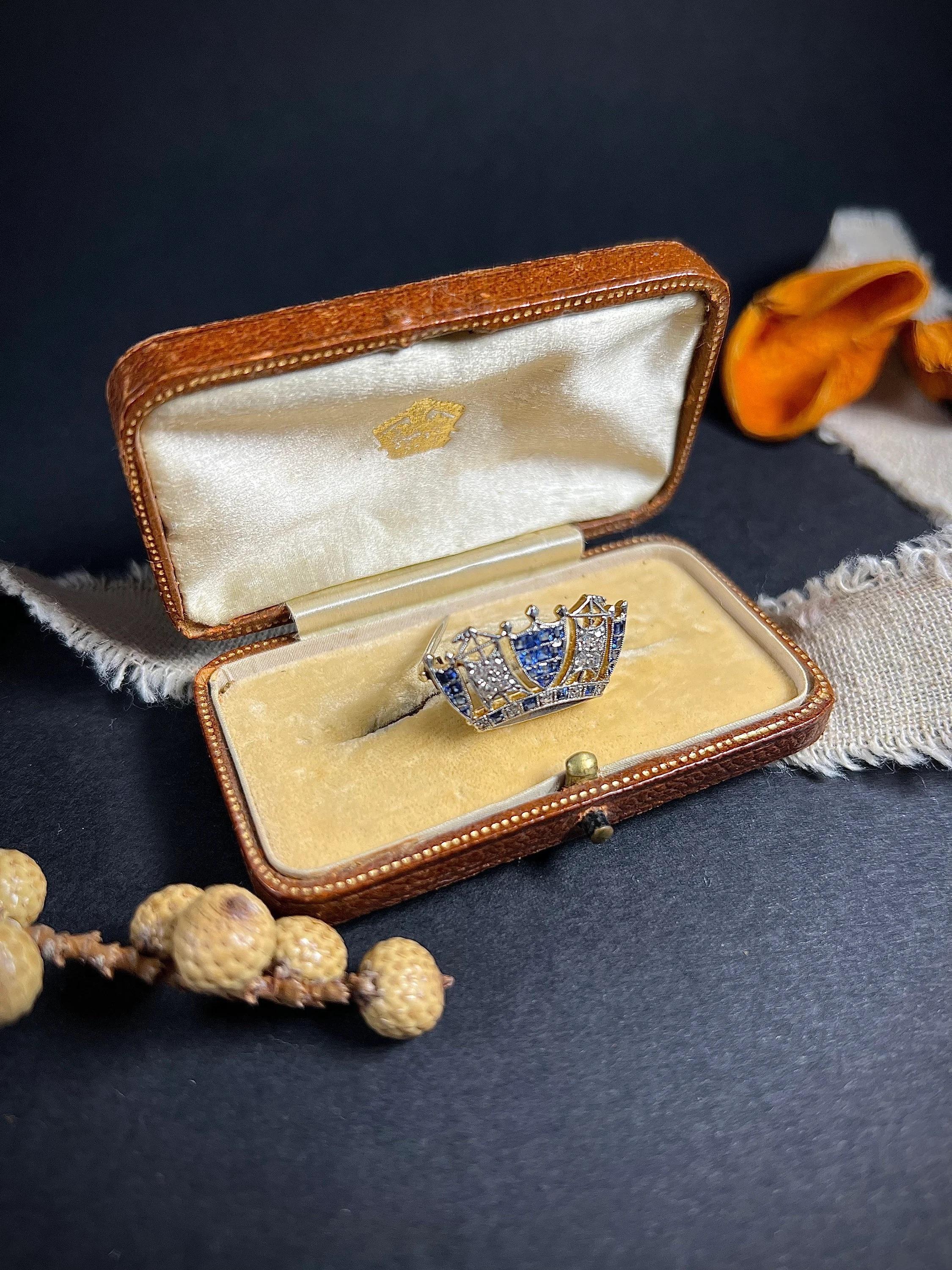 Women's or Men's Antique 18ct Gold & Platinum Sapphire Diamond Royal Navy Crown Brooch