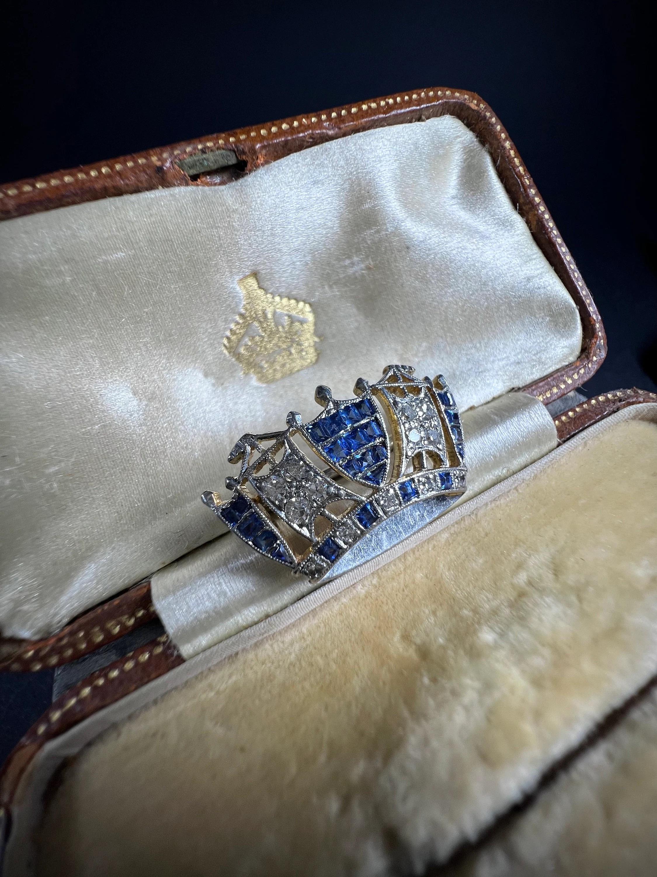 Antique 18ct Gold & Platinum Sapphire Diamond Royal Navy Crown Brooch 2