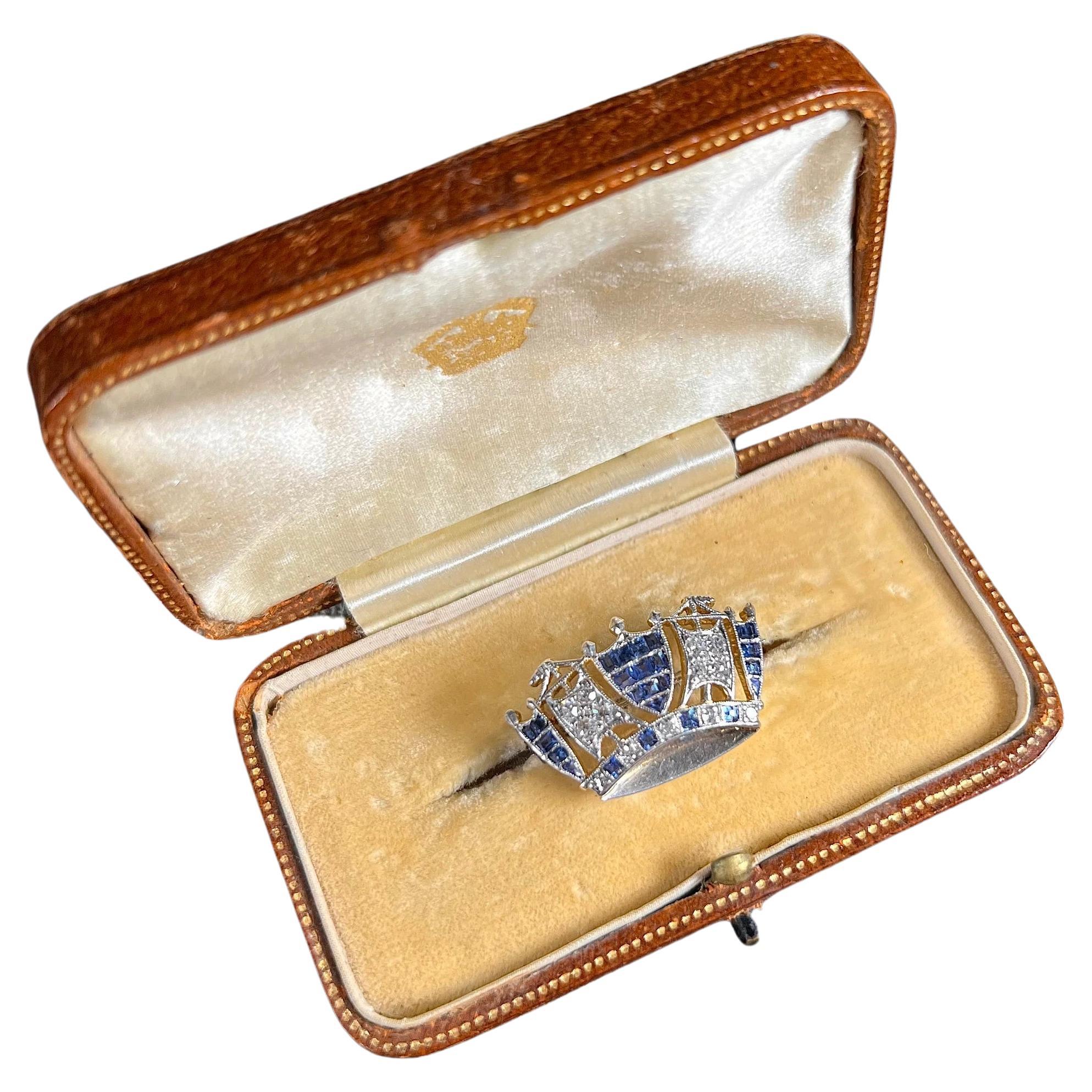 Antique 18ct Gold & Platinum Sapphire Diamond Royal Navy Crown Brooch
