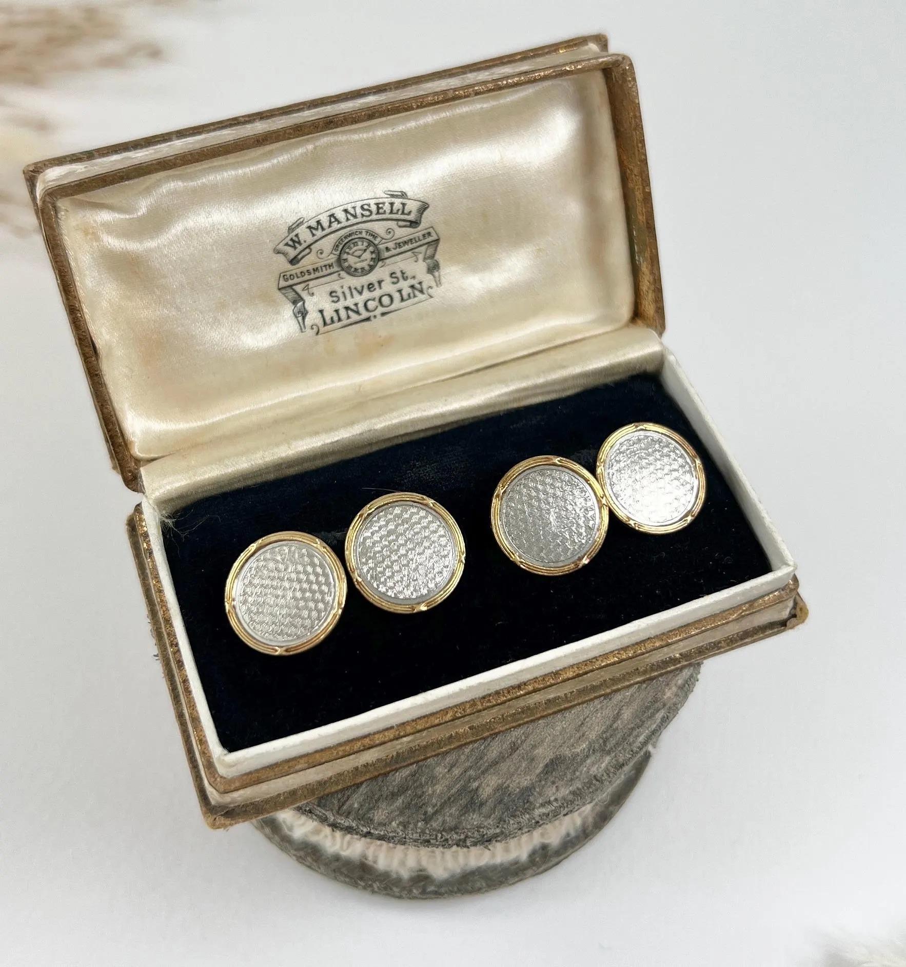 Antique 18ct Gold & Platinum Stamped, 1920’s Art Deco Round Cufflinks In Good Condition For Sale In Brighton, GB