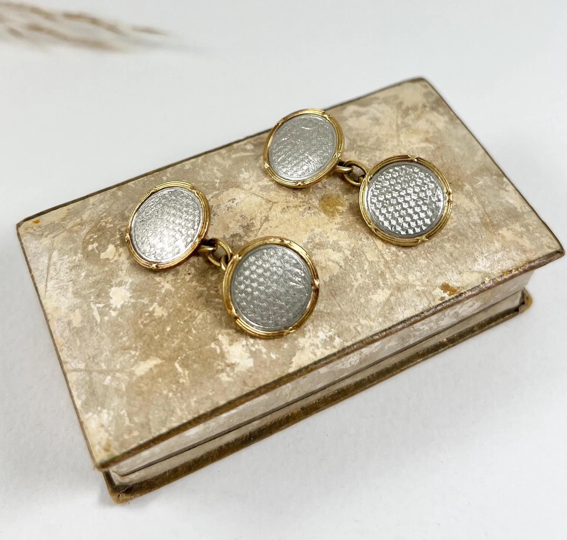 Antique 18ct Gold & Platinum Stamped, 1920’s Art Deco Round Cufflinks For Sale 1