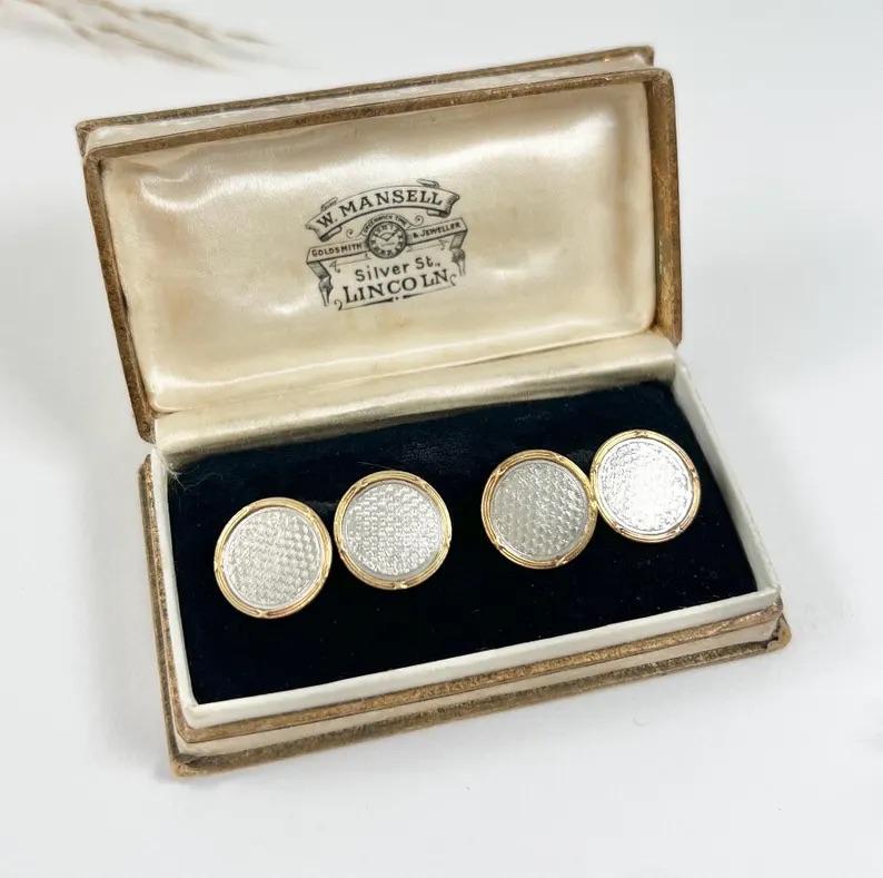Antique 18ct Gold & Platinum Stamped, 1920’s Art Deco Round Cufflinks For Sale 5