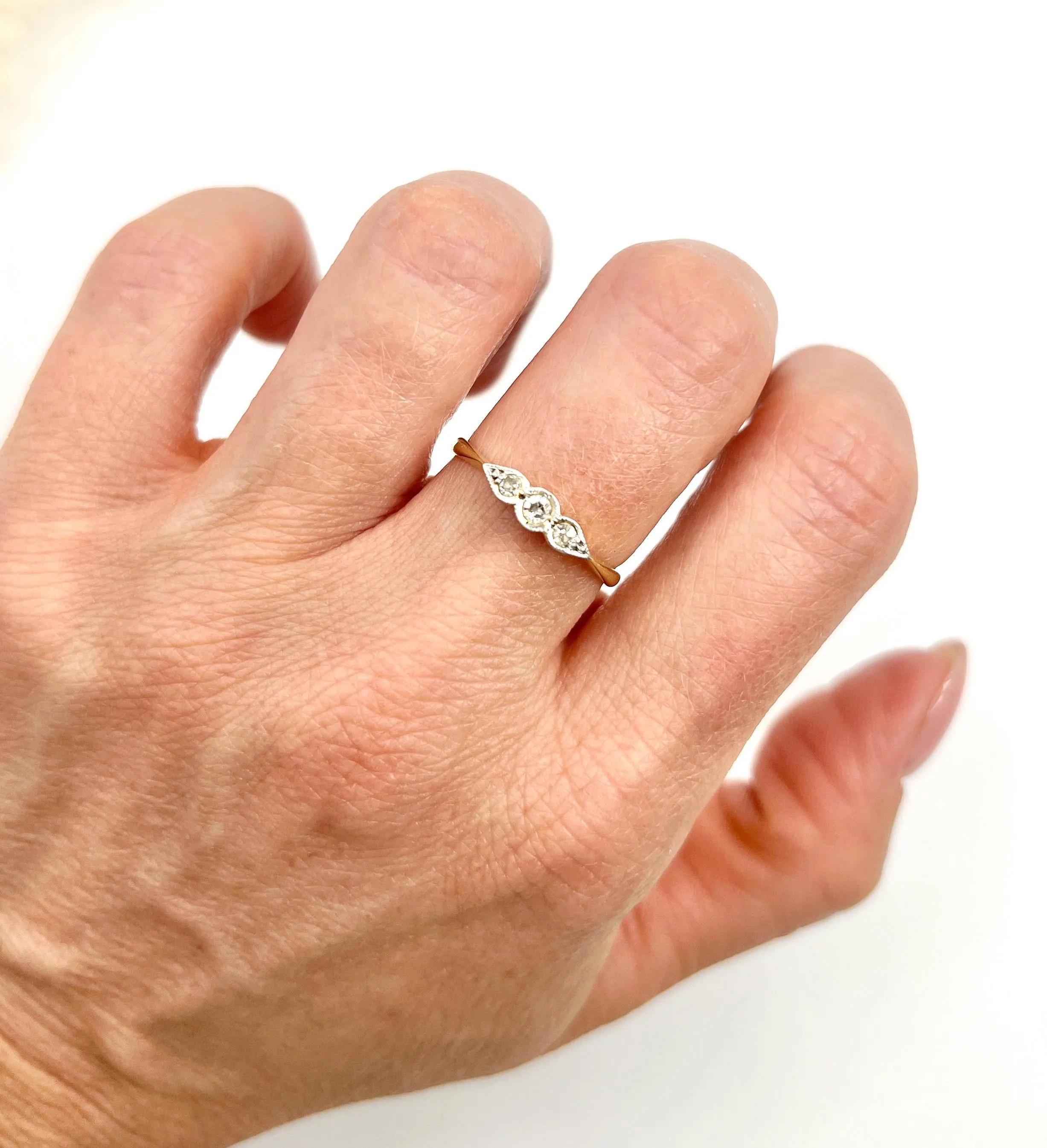 Old European Cut Antique 18ct Gold & Platinum Stamped, Edwardian era Diamond Three Stone Ring