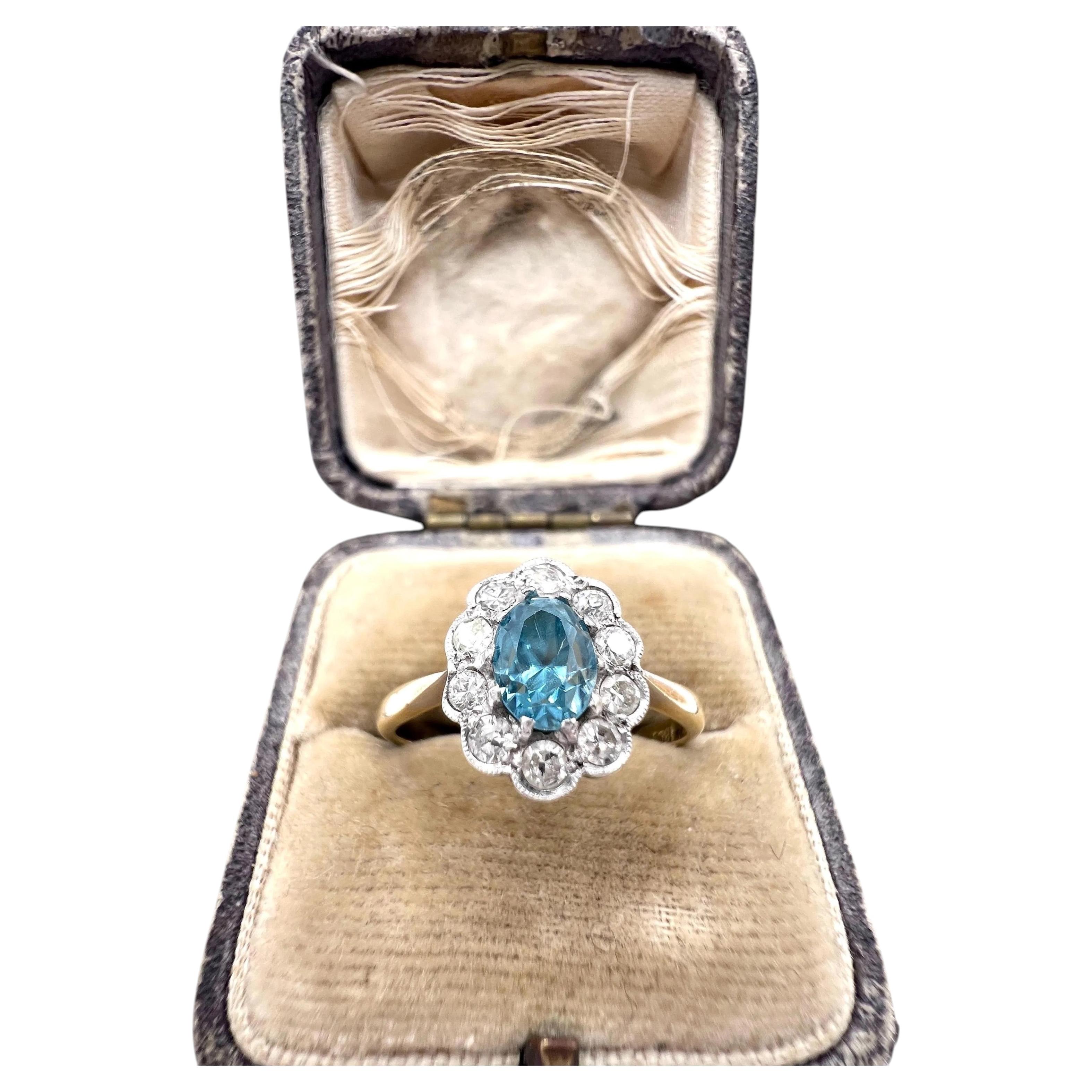 Anello antico in oro 18ct e platino, con timbro edoardiano, con zircone e diamante a grappolo