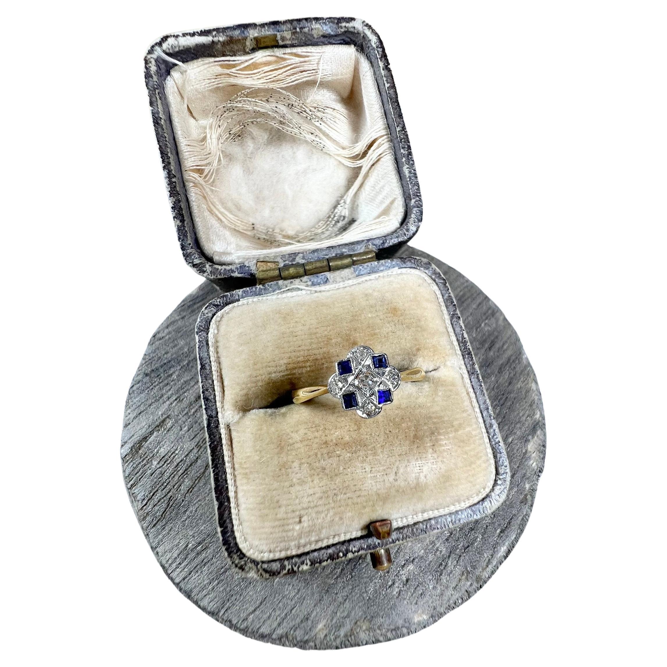 Antique 18ct Gold & Platinum Stamped Original Art Deco Sapphire and Diamond Ring For Sale