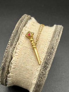 Antique 18ct Gold Pocket Watch Key Pendant: Victorian Ruby Set Engraved Fob