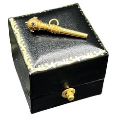 Antique 18ct Gold Pocket Watch Key Pendant: Victorian Ruby Set Engraved Fob