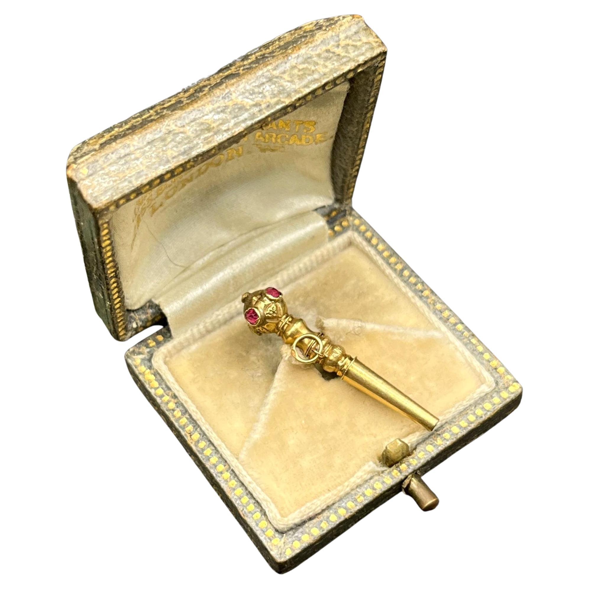Antique 18ct Gold Pocket Watch Key Pendant: Victorian Ruby Set Engraved Fob For Sale