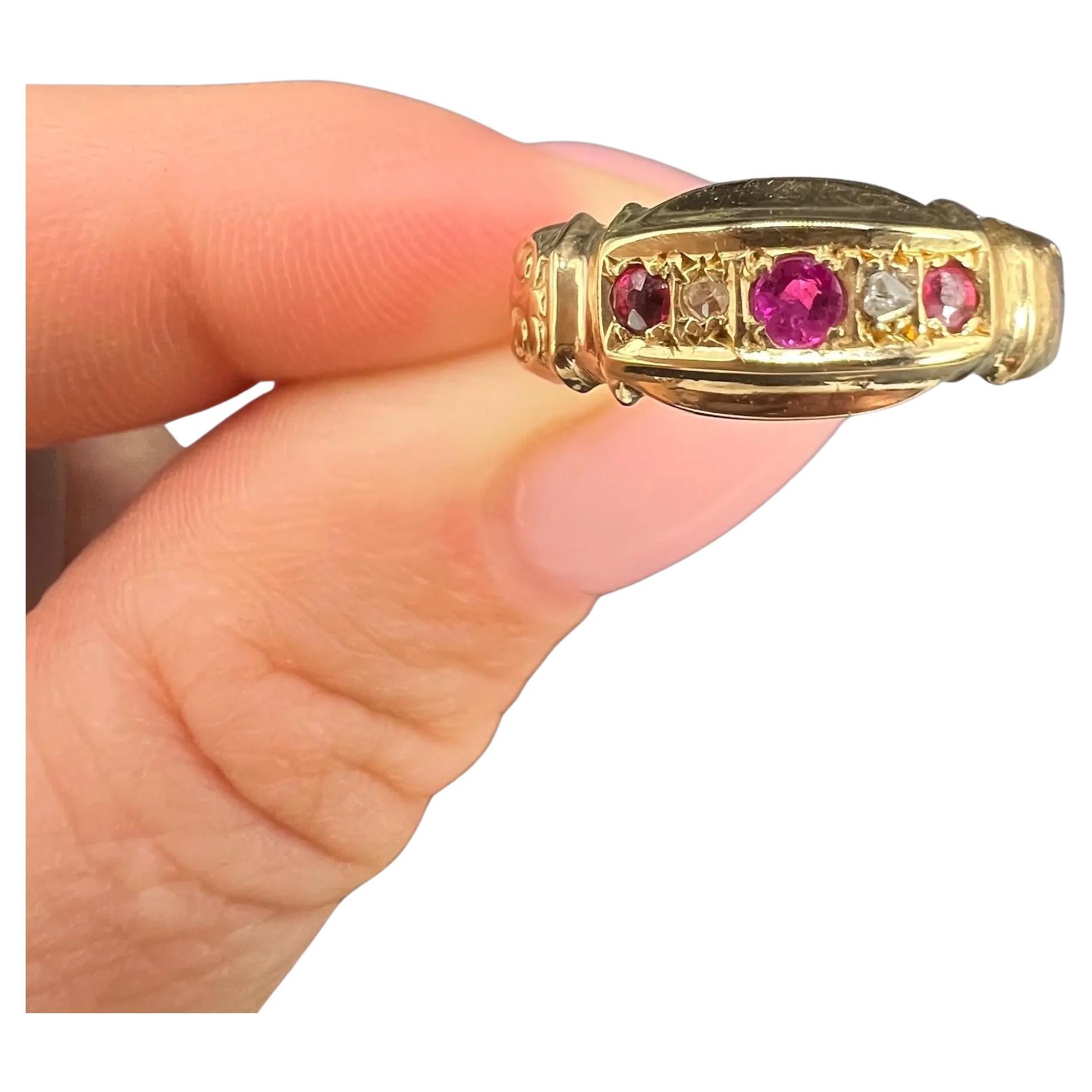 Antique 18ct Gold, Ruby & Diamond Five Stone Ring, Hallmarked Chester 1918 For Sale