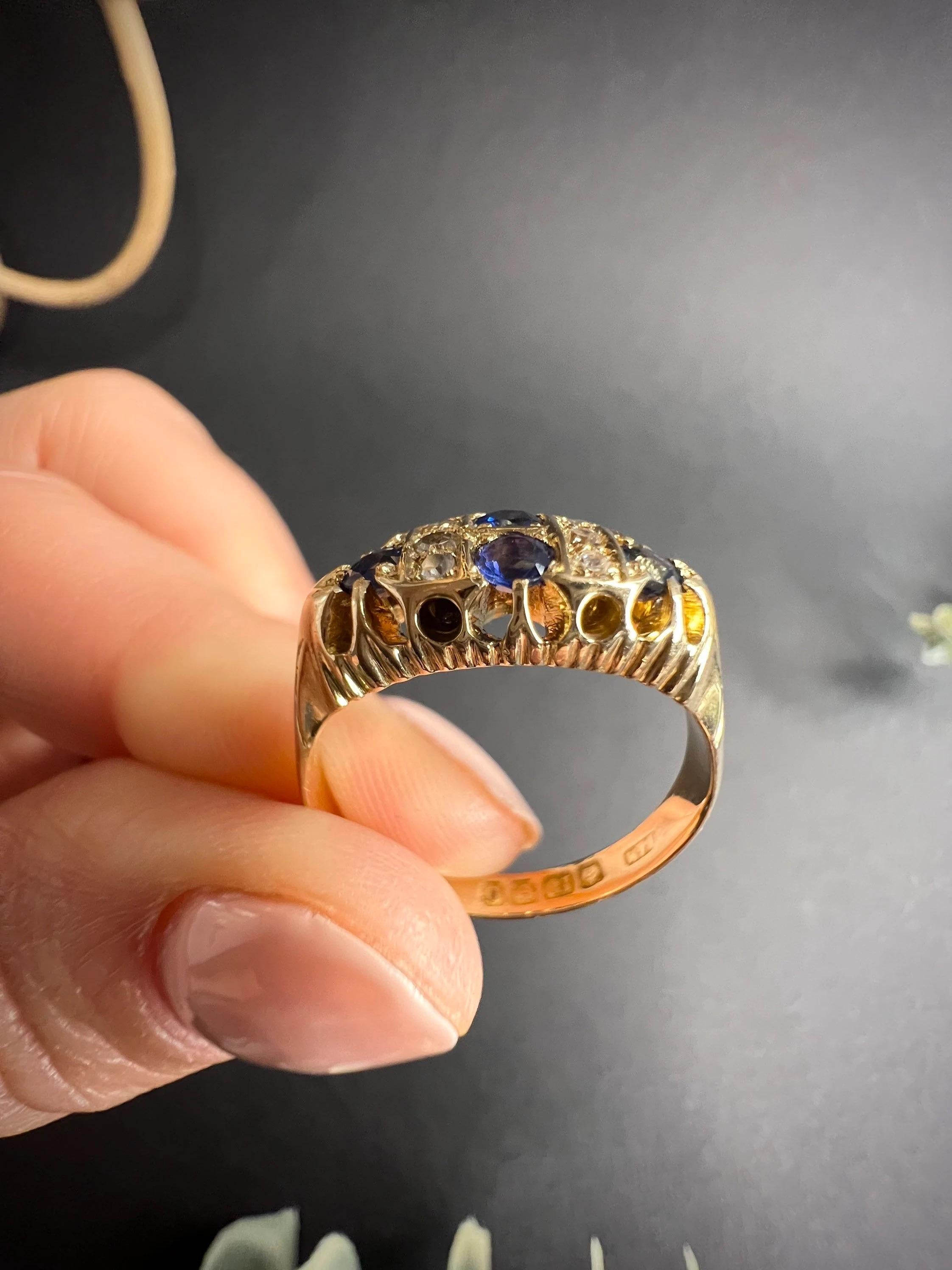Antique Sapphire & Diamond Ring 

18ct Gold 

Hallmarked Birmingham 1913

Makers Mark B&M 

Fabulous Two Row Chequerboard Design Ring. 
Set with Beautiful Blue Sapphires & Sparkling Diamonds.

Face of The Ring Measures Approx 15.5mm x 7.2mm

UK Size