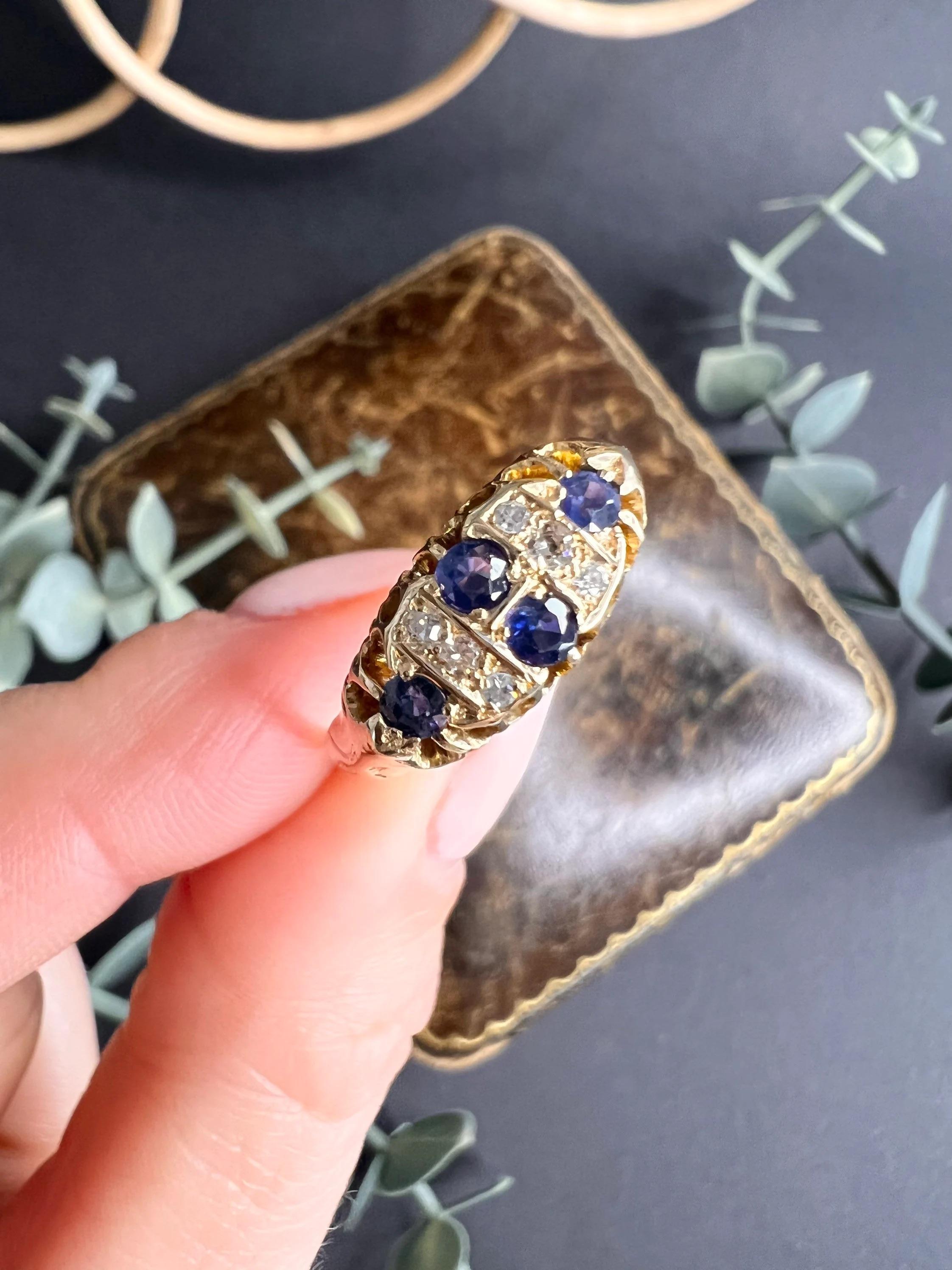 Antique 18ct Gold Sapphire & Diamond Chequerboard Ring For Sale 1