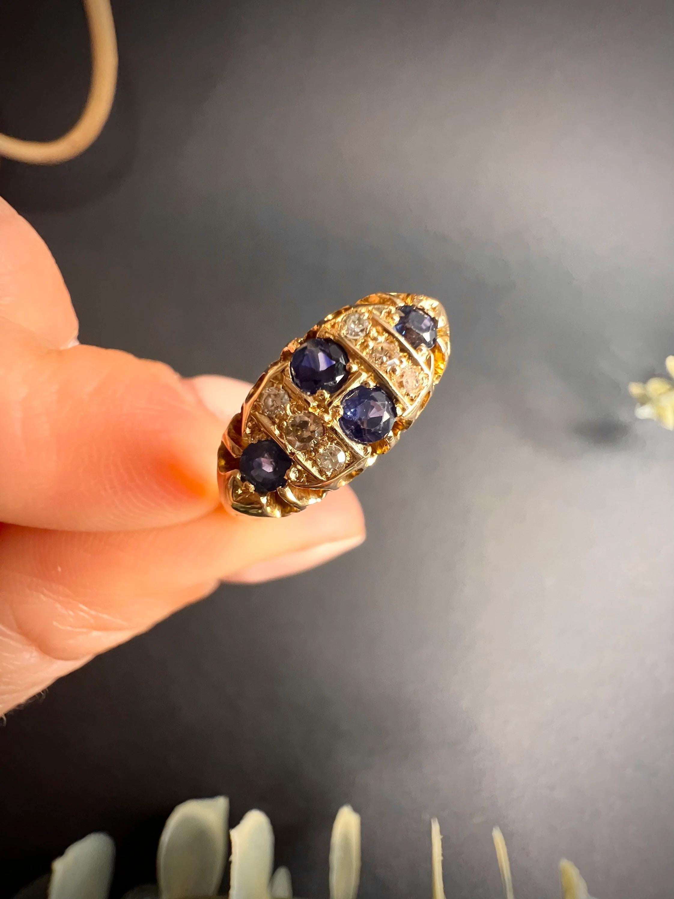 Antique 18ct Gold Sapphire & Diamond Chequerboard Ring For Sale 2