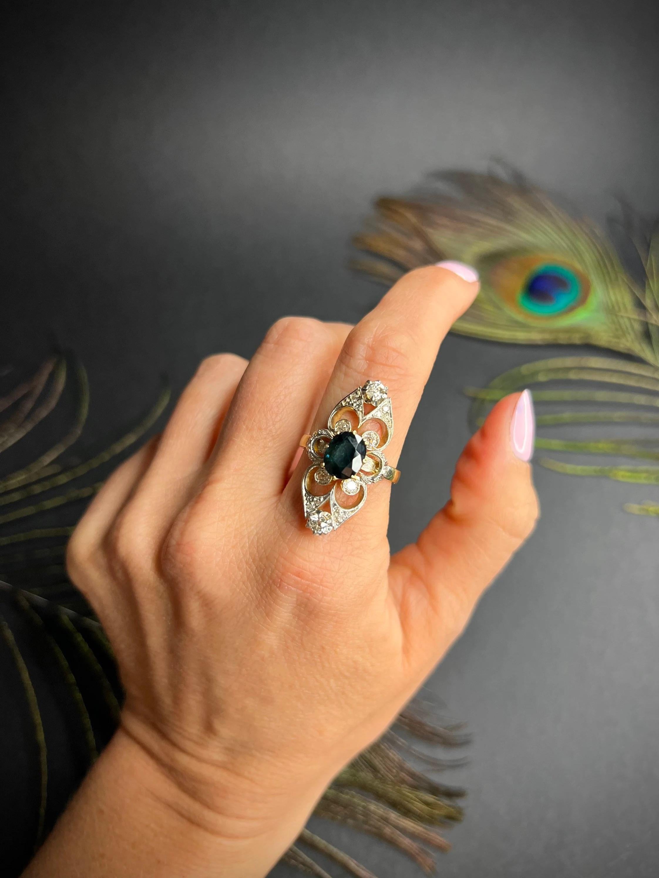 Cushion Cut Antique 18ct Gold Sapphire & Diamond Statement Ring For Sale