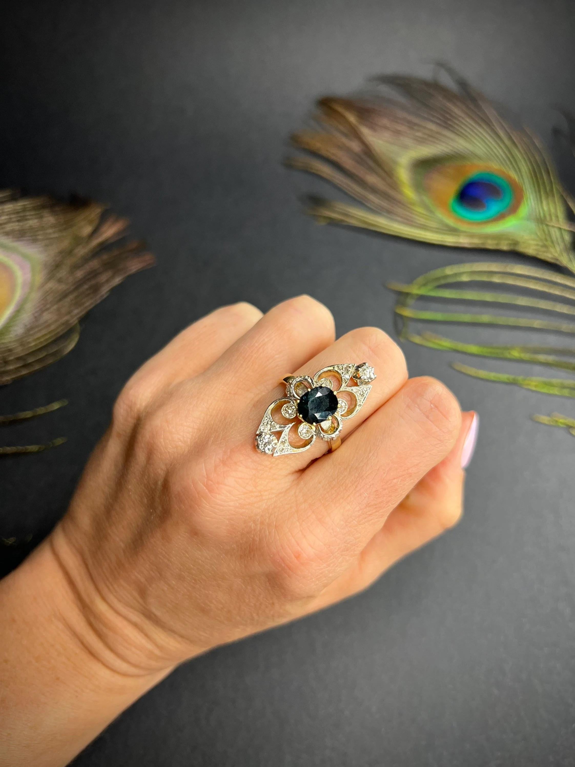 Antique 18ct Gold Sapphire & Diamond Statement Ring For Sale 1