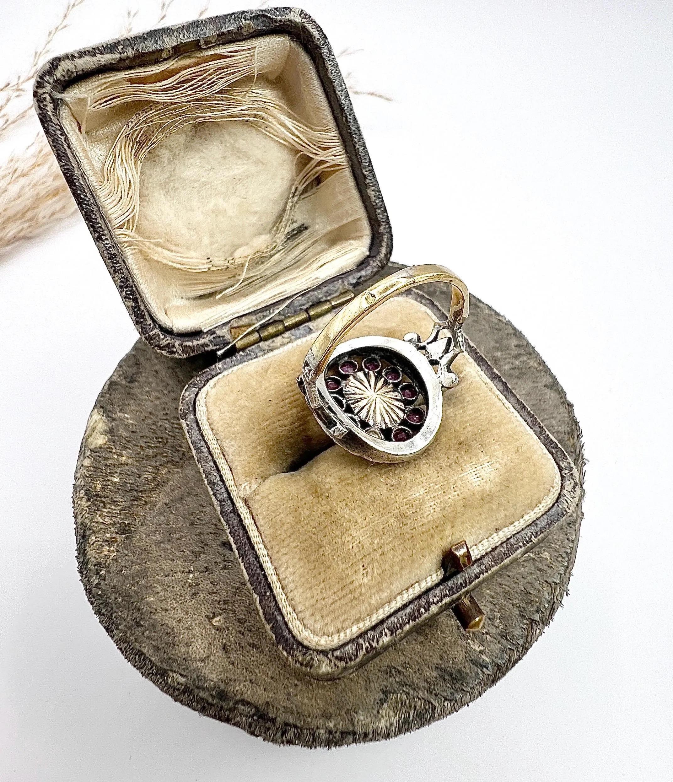 Antique 18ct Gold & Silver, Early Victorian Moonstone, Ruby and Diamond Ring For Sale 5