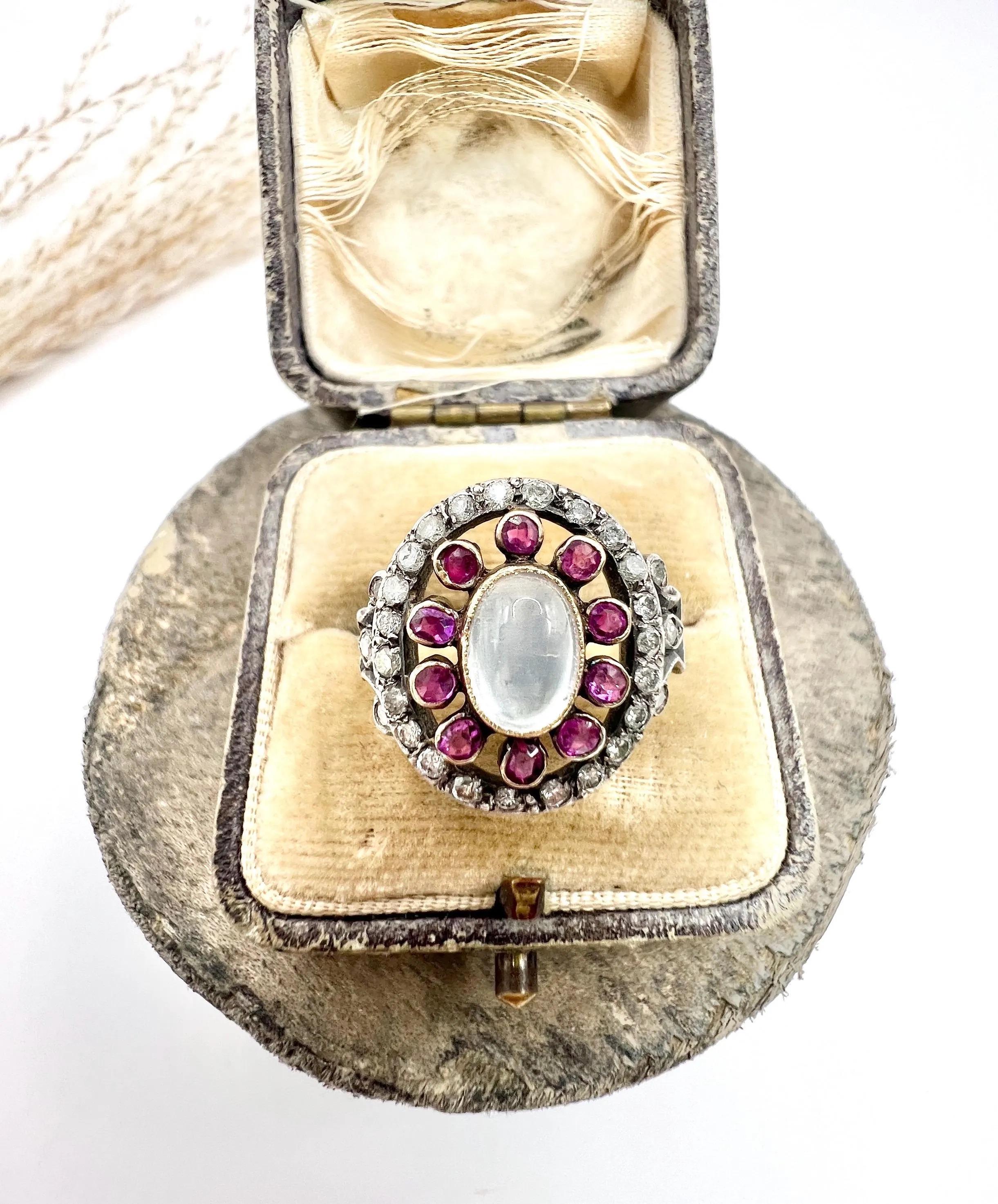 Antique 18ct Gold & Silver, Early Victorian Moonstone, Ruby and Diamond Ring For Sale 6