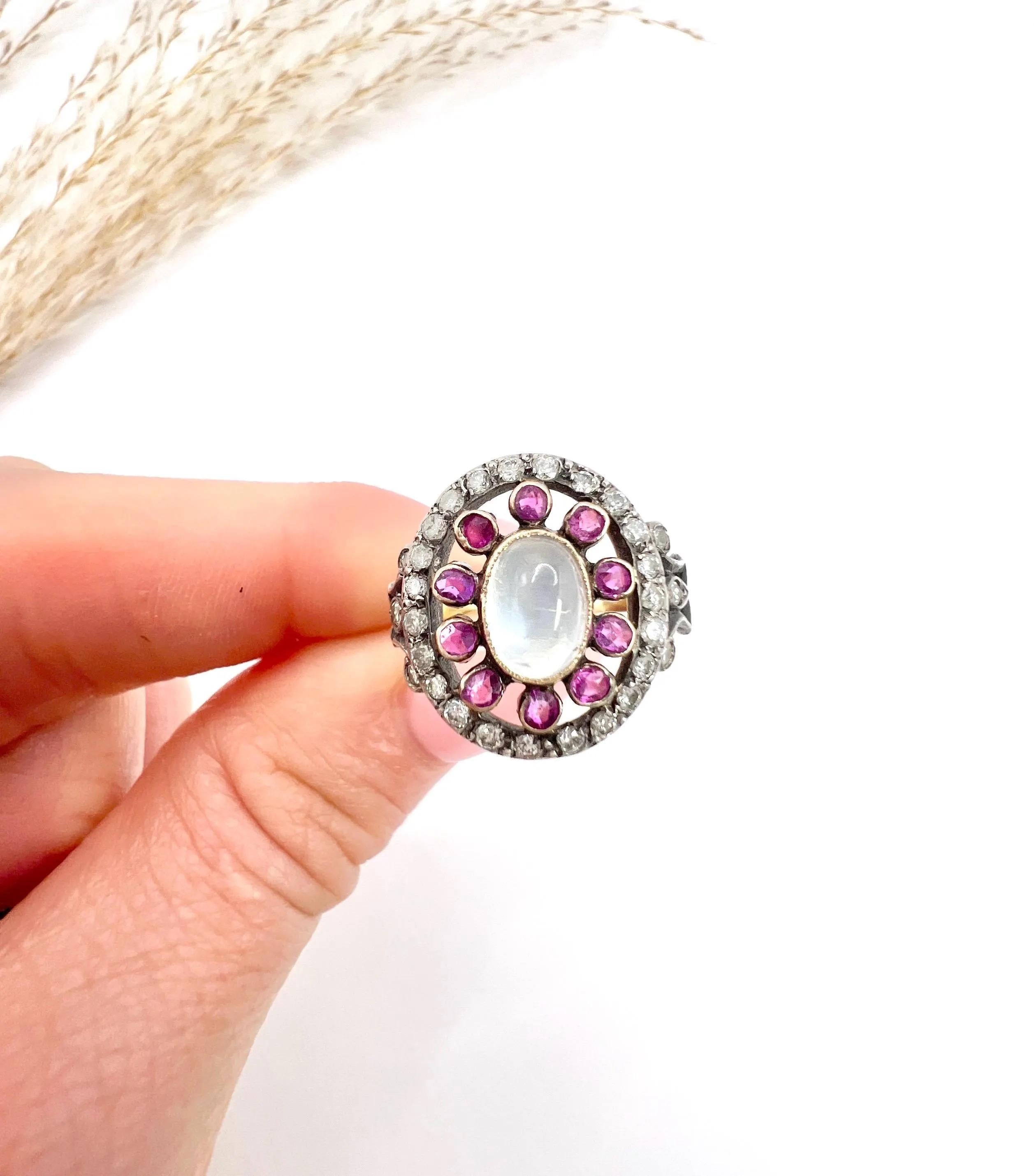 Antique Moonstone Ring

18ct Gold & Silver 

Circa 1865

Step back in time with this exquisite early Victorian ring, crafted with exceptional attention to detail. This stunning piece features an enchanting floral design, showcasing a captivating