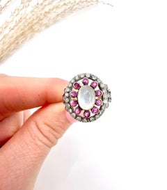 Antique 18ct Gold & Silver, Early Victorian Moonstone, Ruby and Diamond Ring
