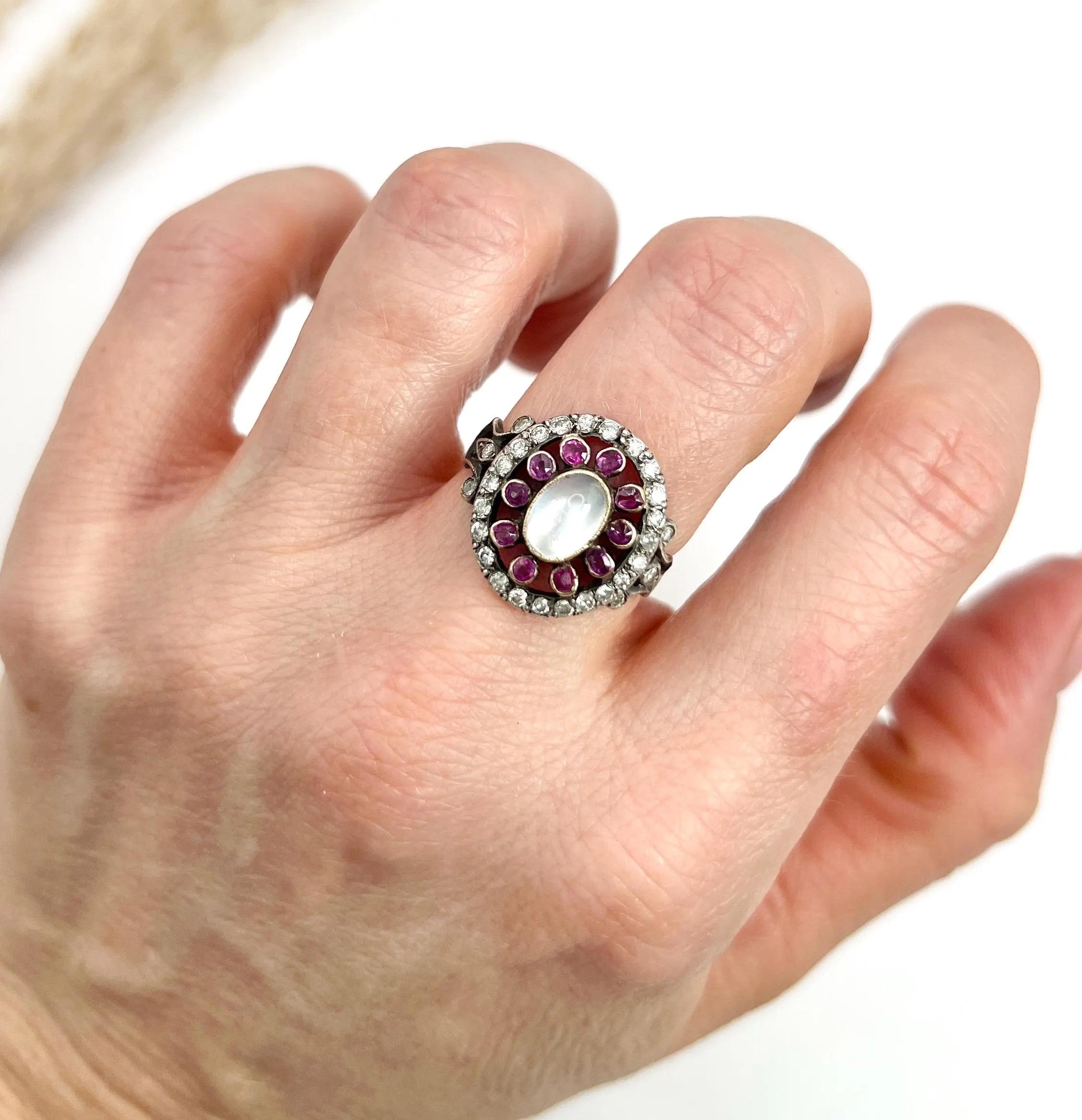 Oval Cut Antique 18ct Gold & Silver, Early Victorian Moonstone, Ruby and Diamond Ring For Sale