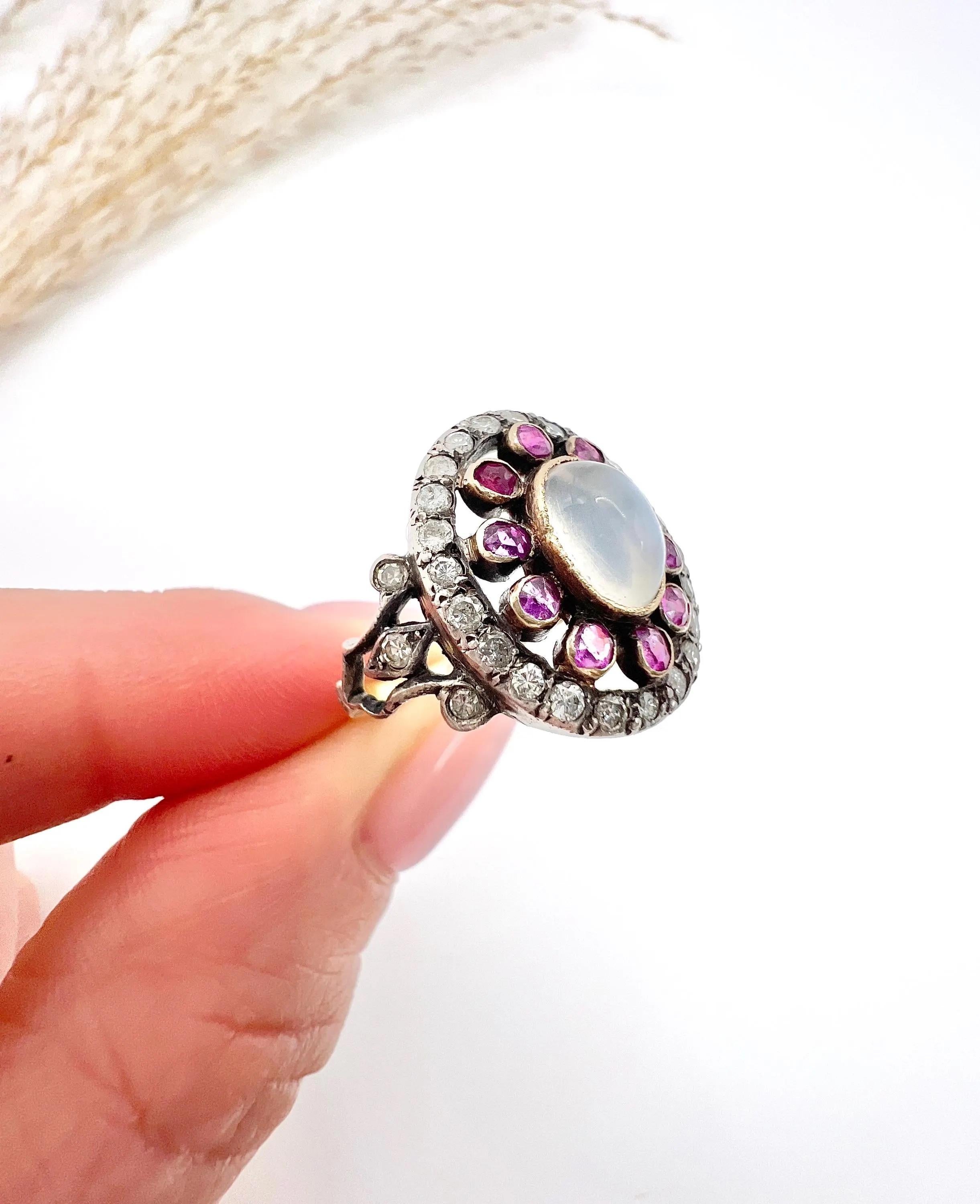 Antique 18ct Gold & Silver, Early Victorian Moonstone, Ruby and Diamond Ring For Sale 1