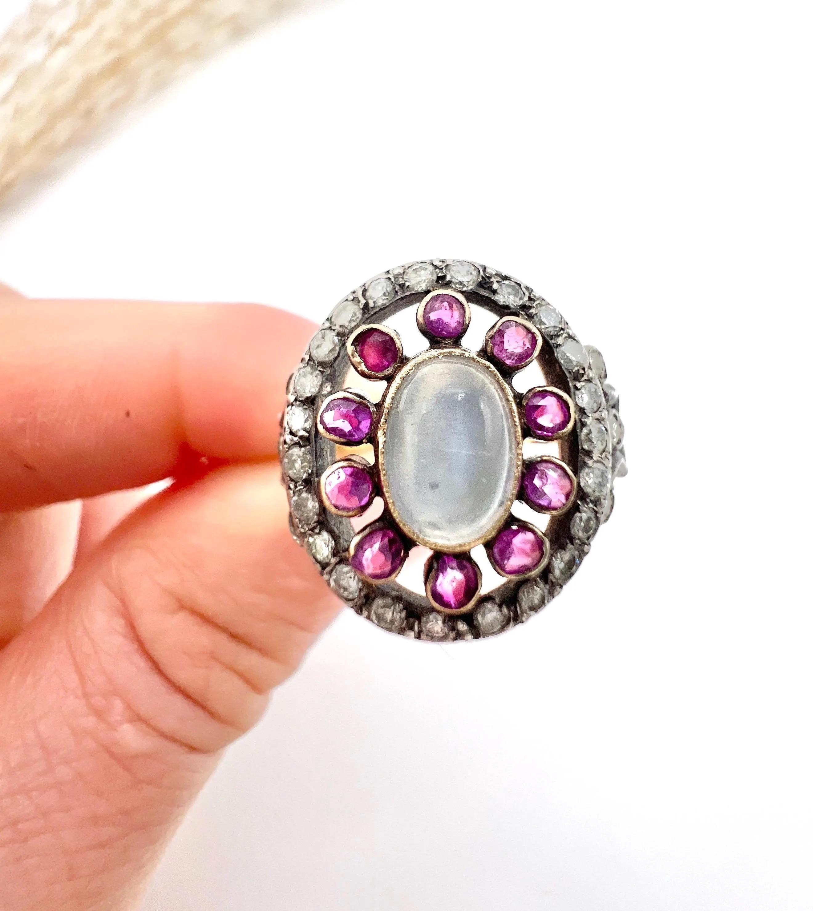 Antique 18ct Gold & Silver, Early Victorian Moonstone, Ruby and Diamond Ring For Sale 2
