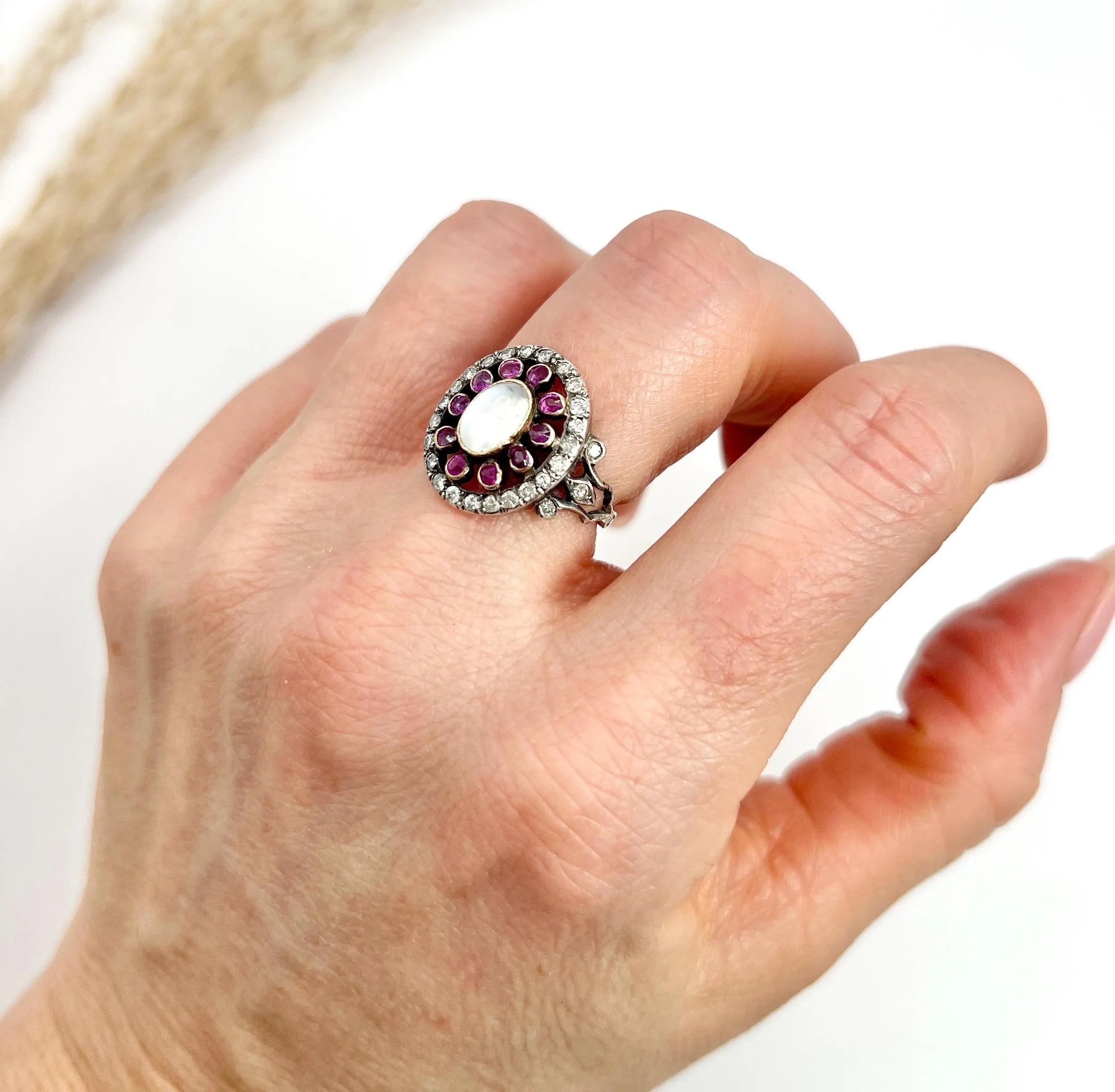 Antique 18ct Gold & Silver, Early Victorian Moonstone, Ruby and Diamond Ring For Sale 3