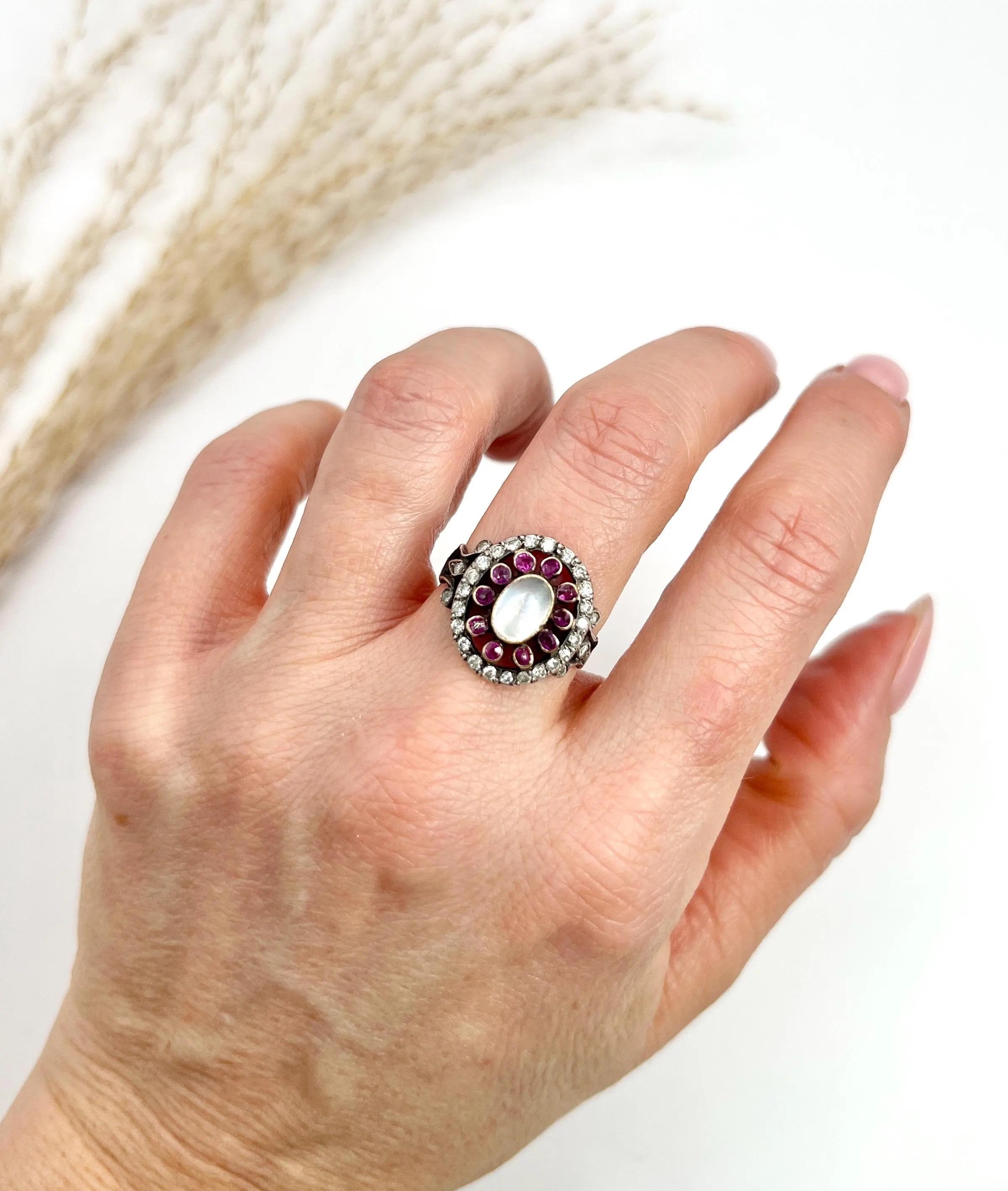 Antique 18ct Gold & Silver, Early Victorian Moonstone, Ruby and Diamond Ring For Sale 4