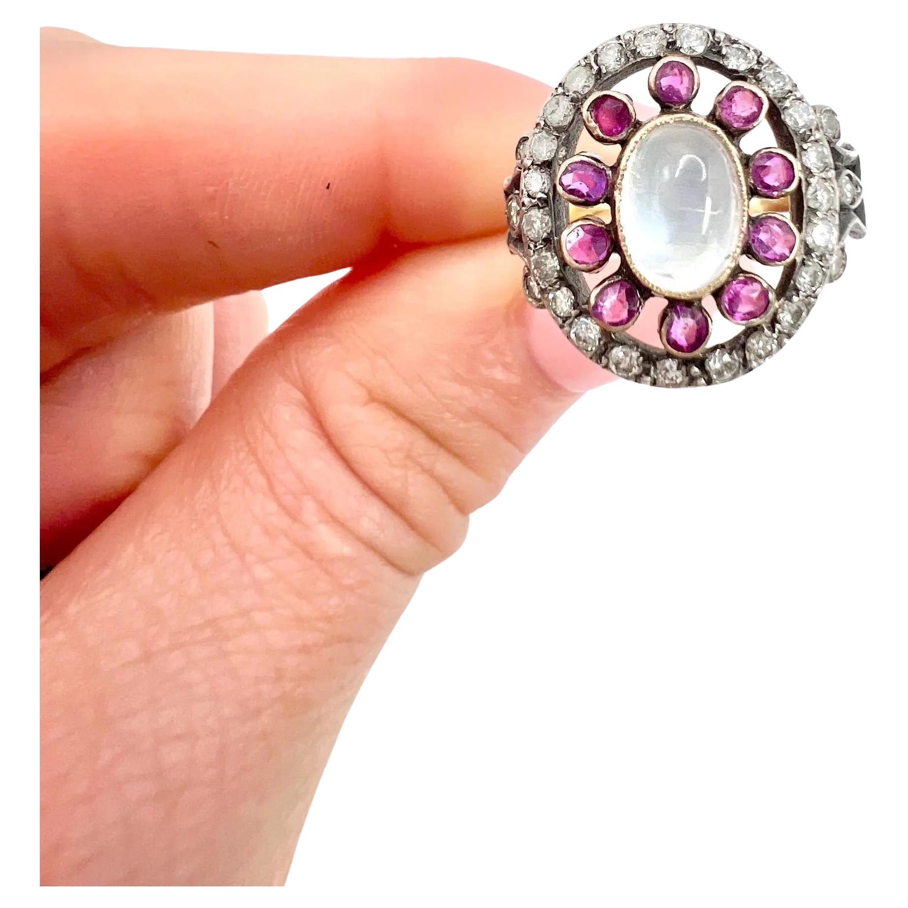 Antique 18ct Gold & Silver, Early Victorian Moonstone, Ruby and Diamond Ring