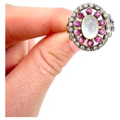Antique 18ct Gold & Silver, Early Victorian Moonstone, Ruby and Diamond Ring