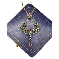 Antique 18ct Gold & Silver Victorian Diamond and Ruby Floral Pendant, Circa 1900