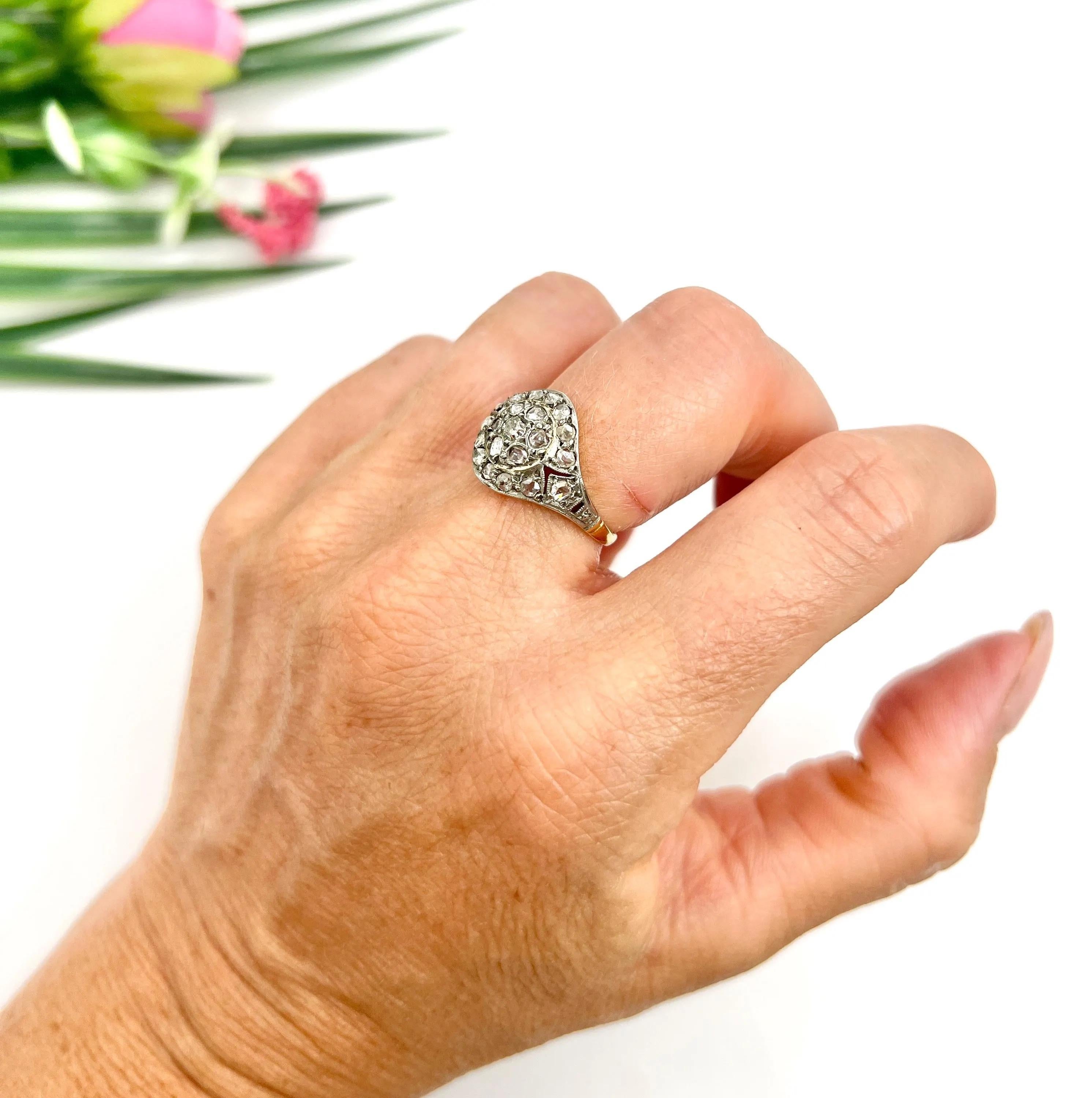 Women's or Men's Antique 18ct Gold & Silver, Victorian Rose Cut Diamond Dome Shaped Ring For Sale
