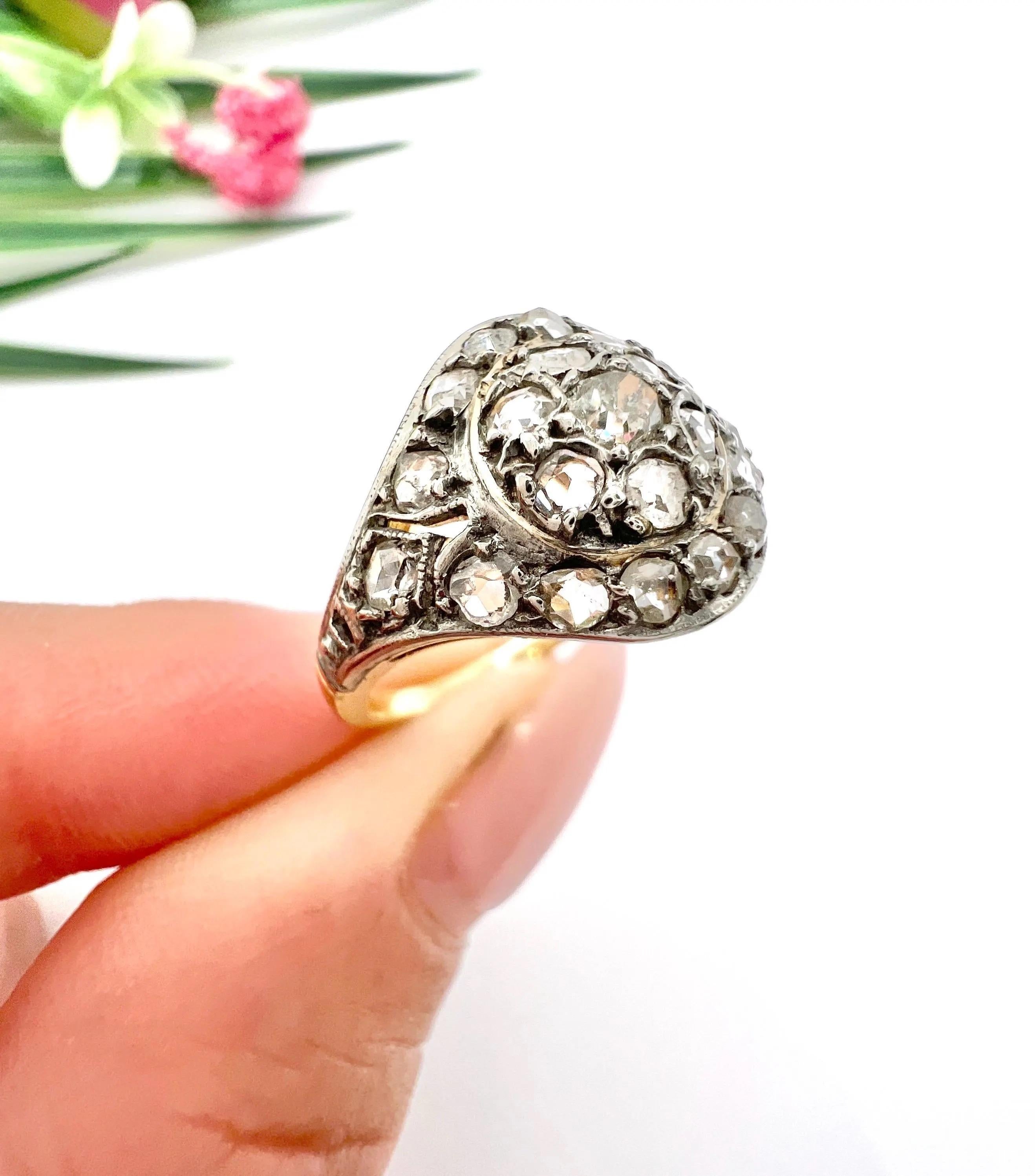 Antique 18ct Gold & Silver, Victorian Rose Cut Diamond Dome Shaped Ring For Sale 3