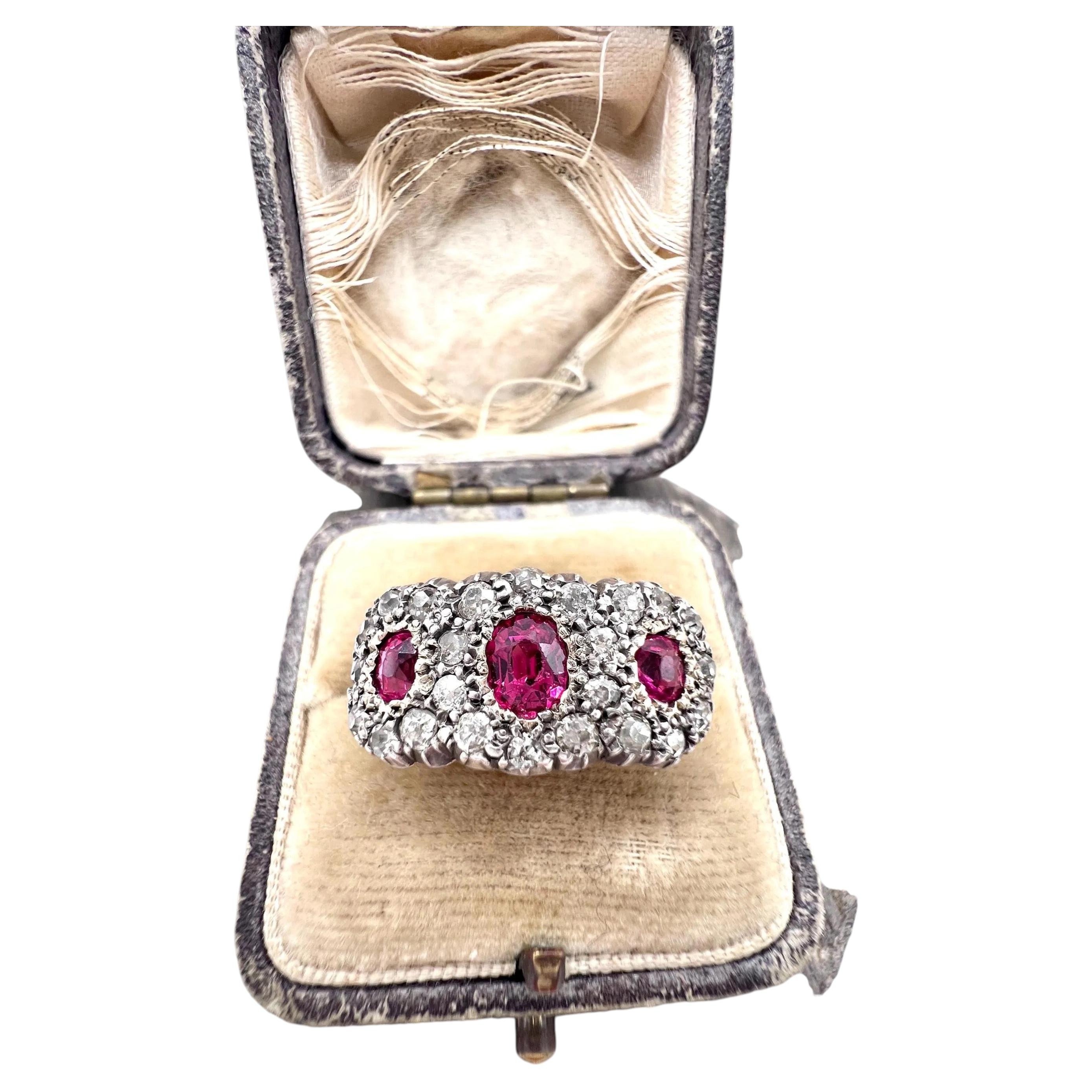 Antique 18ct Gold & Silver, Victorian Ruby and Diamond Triple Cluster Ring For Sale