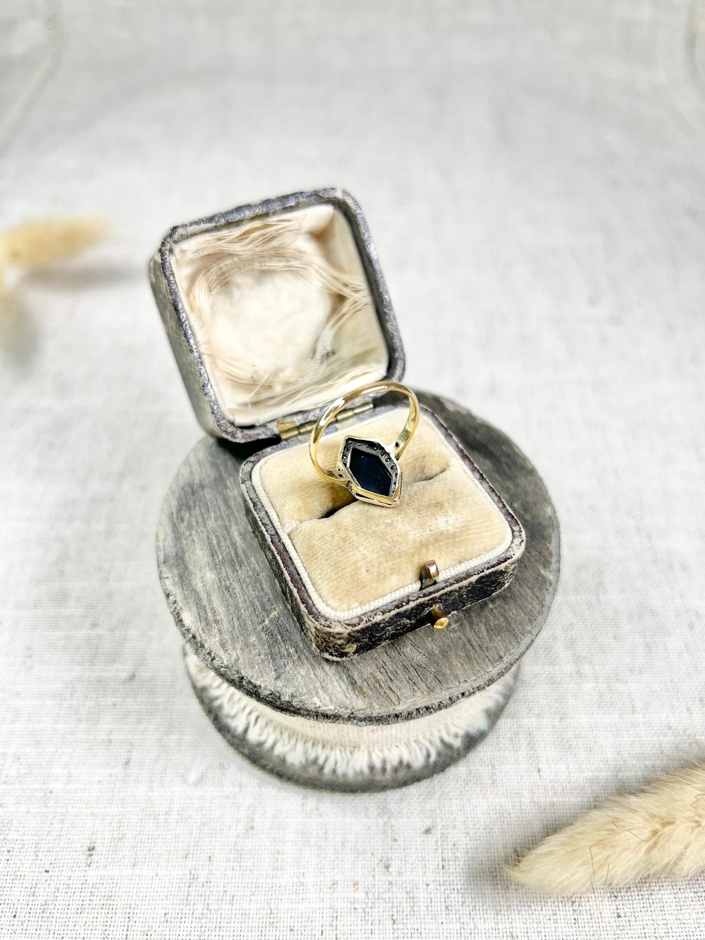 Old European Cut Antique 18ct Gold Stamped, 1920’s Onyx & Diamond Marquise Ring For Sale