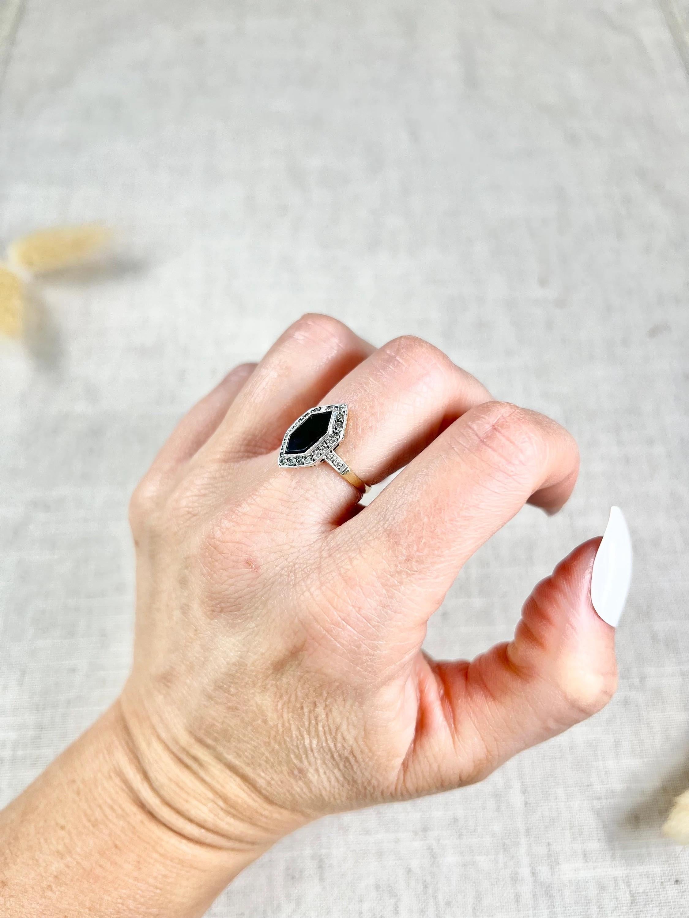 Women's or Men's Antique 18ct Gold Stamped, 1920’s Onyx & Diamond Marquise Ring For Sale