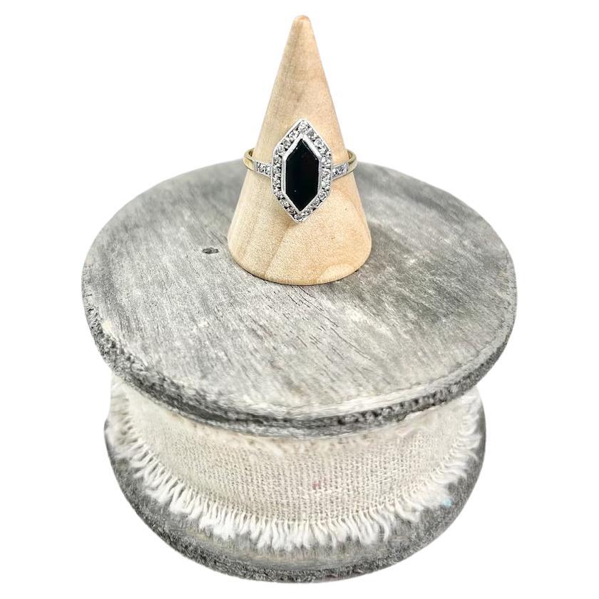 Antique 18ct Gold Stamped, 1920’s Onyx & Diamond Marquise Ring